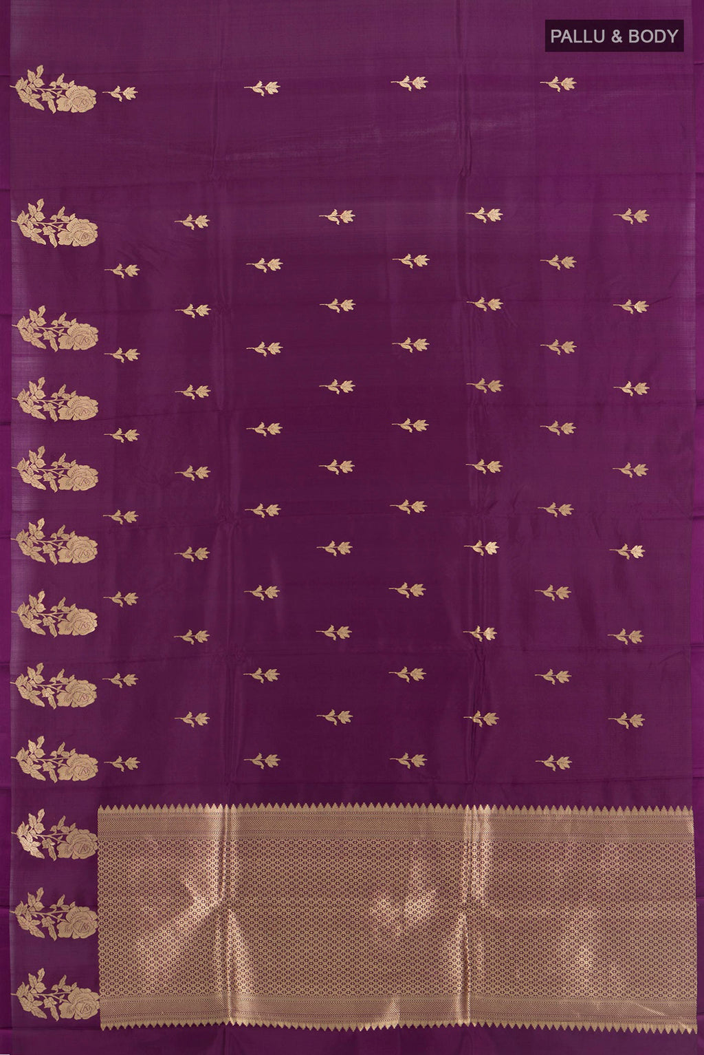 Flat view of Pure Silk Violet Banarasi Katan Saree with Zari Butta on the body and Without Border. 