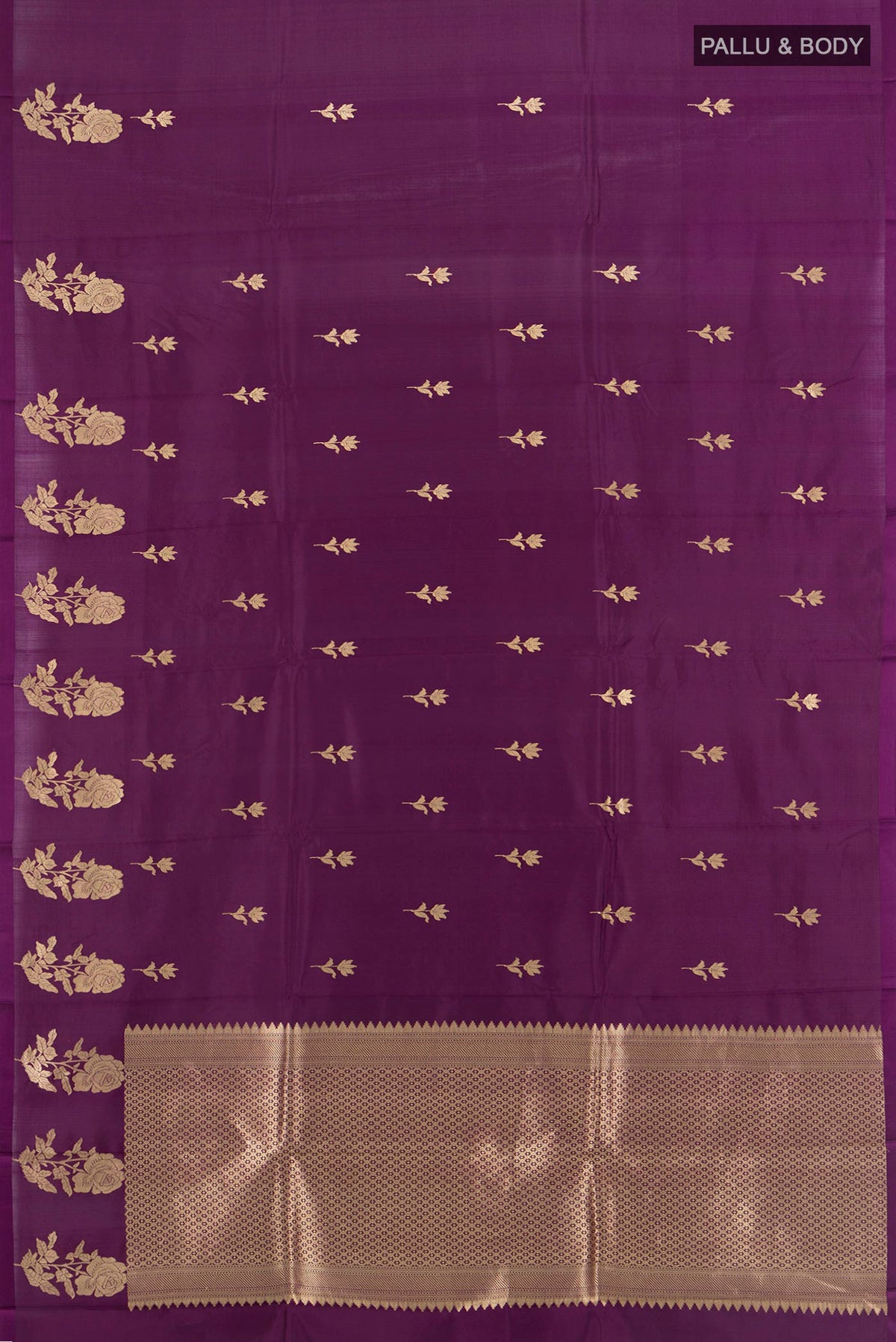 Flat view of Pure Silk Violet Banarasi Katan Saree with Zari Butta on the body and Without Border. 