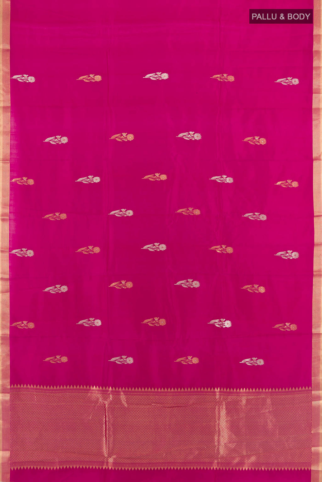 Flat view of Rani Pink Banarasi Katan Silk Saree with Zari Butta on the body and Zari Border. 