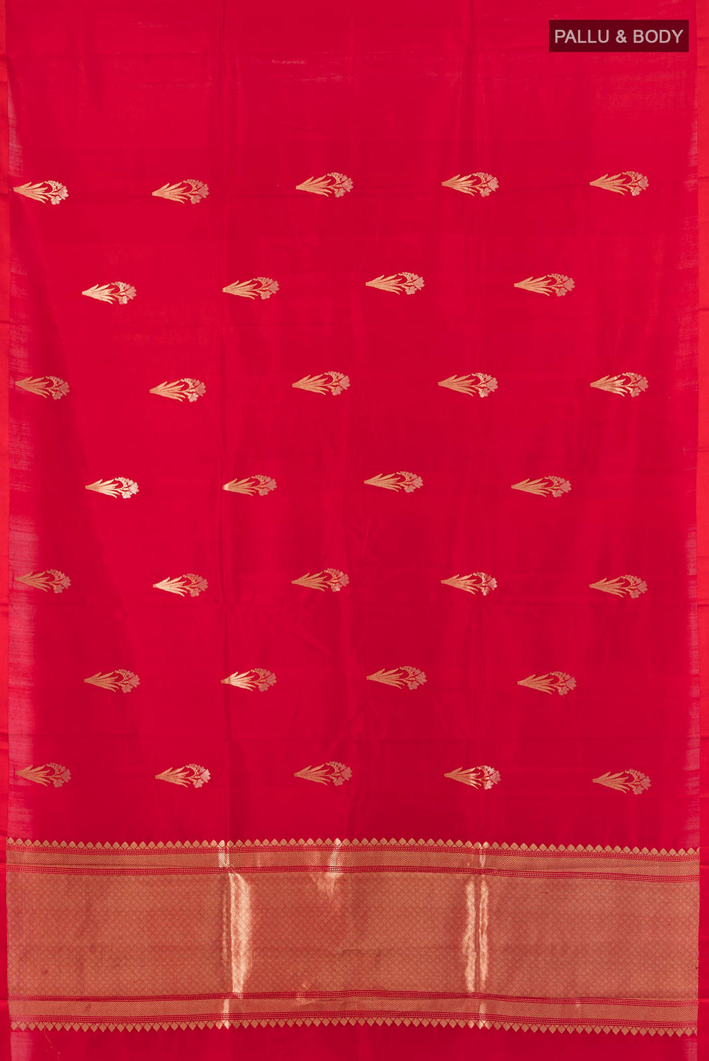 Flat view of Pure Silk Red Banarasi Katan Saree with Zari Butta on the body and Without Border. 