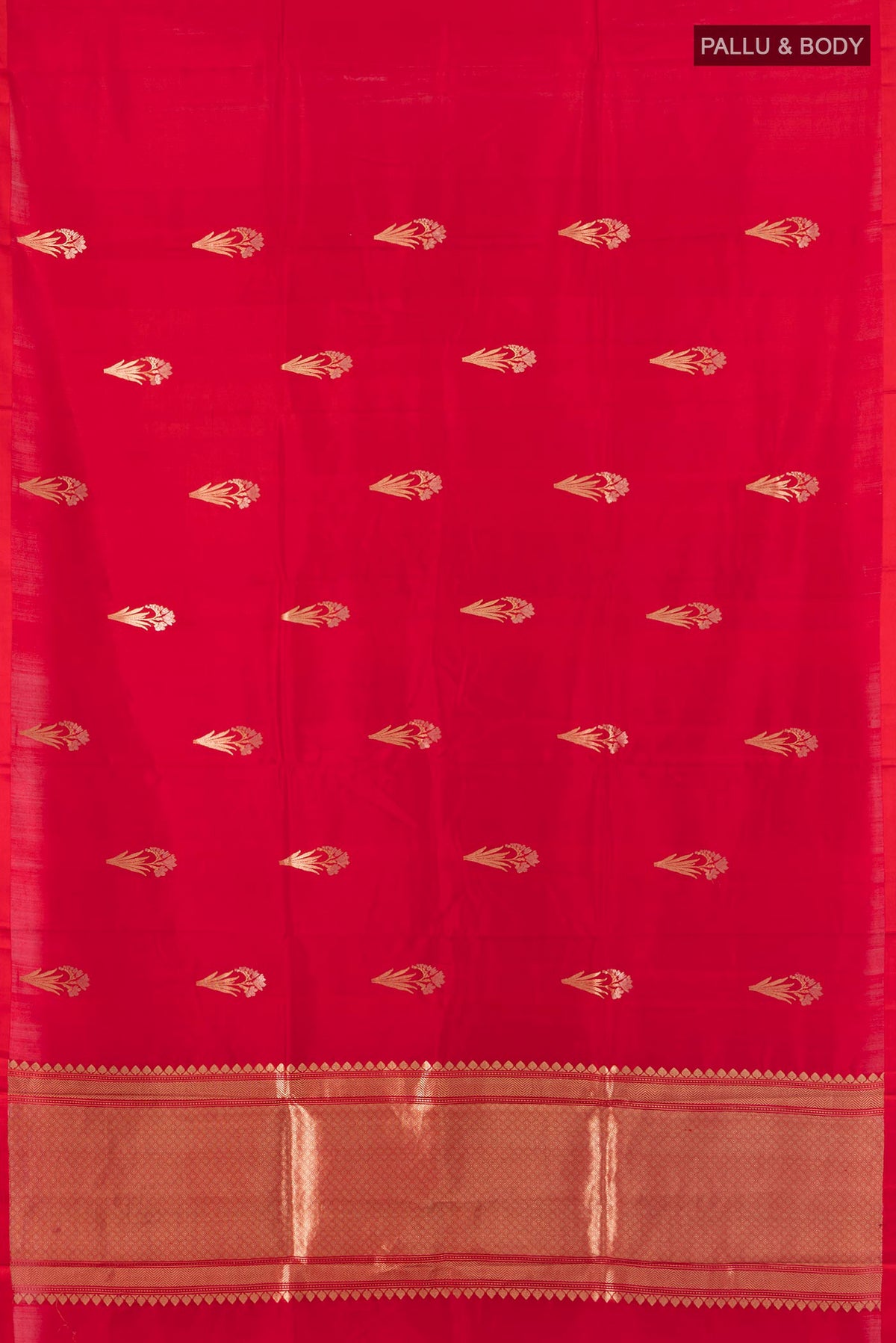 Flat view of Pure Silk Red Banarasi Katan Saree with Zari Butta on the body and Without Border. 