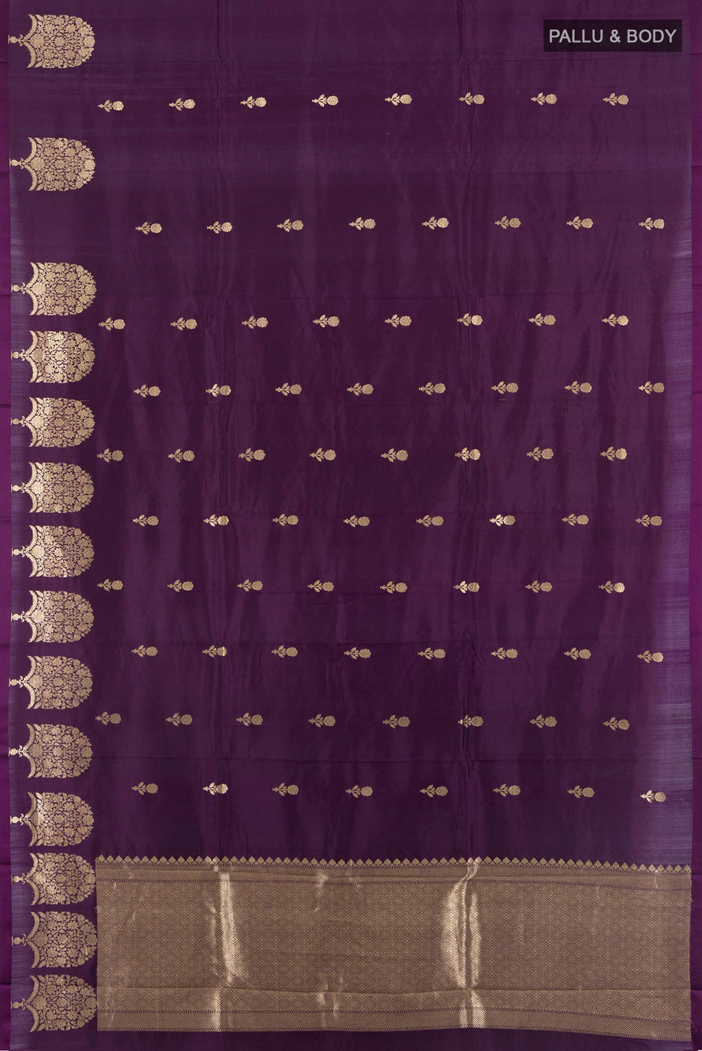 Flat view of Violet Banarasi Katan Silk Saree with Zari Butta on the body and Zari Border. 