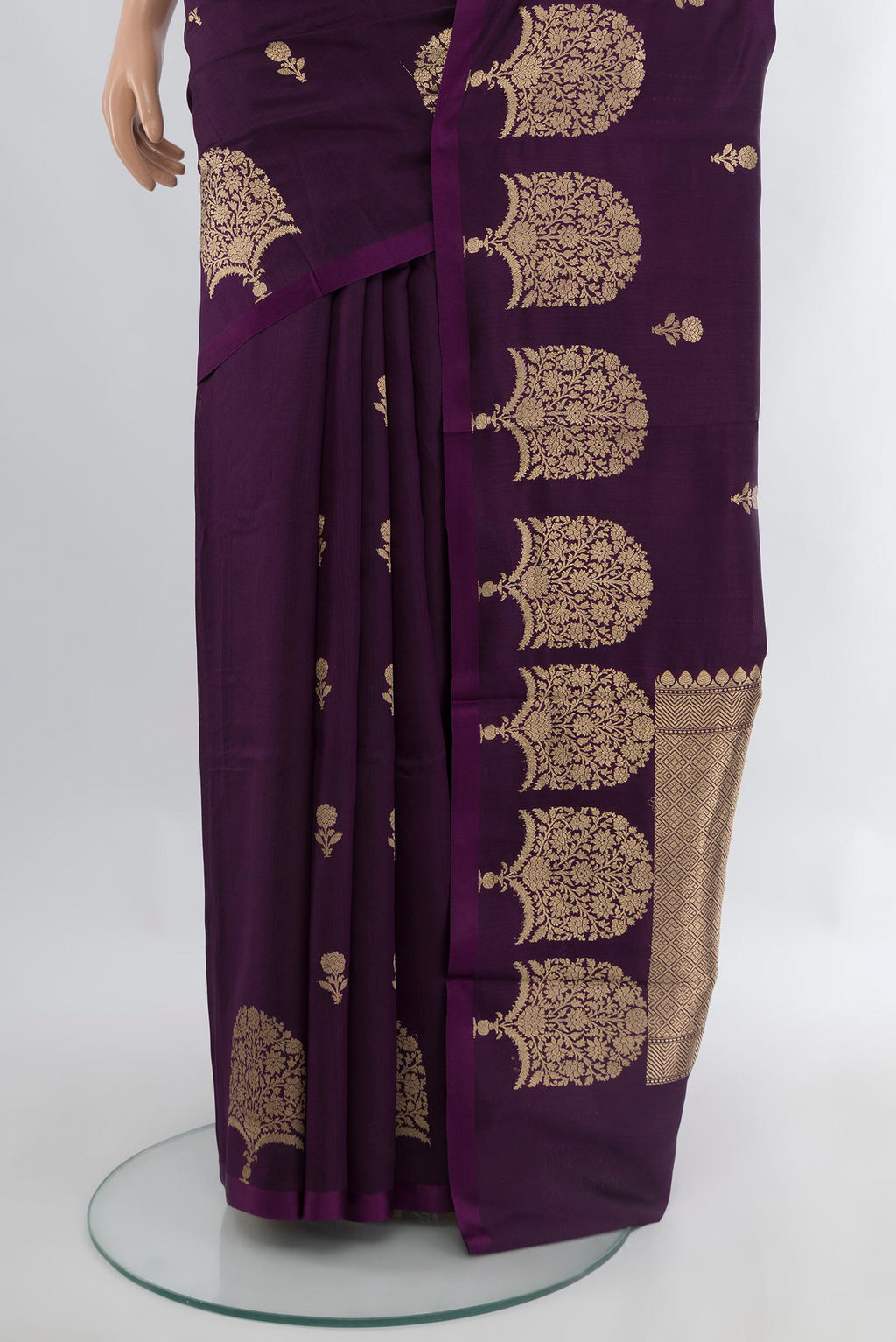 Pleats and pallu of Violet Banarasi Katan Silk Saree with Zari Butta on the body and Zari Border. 