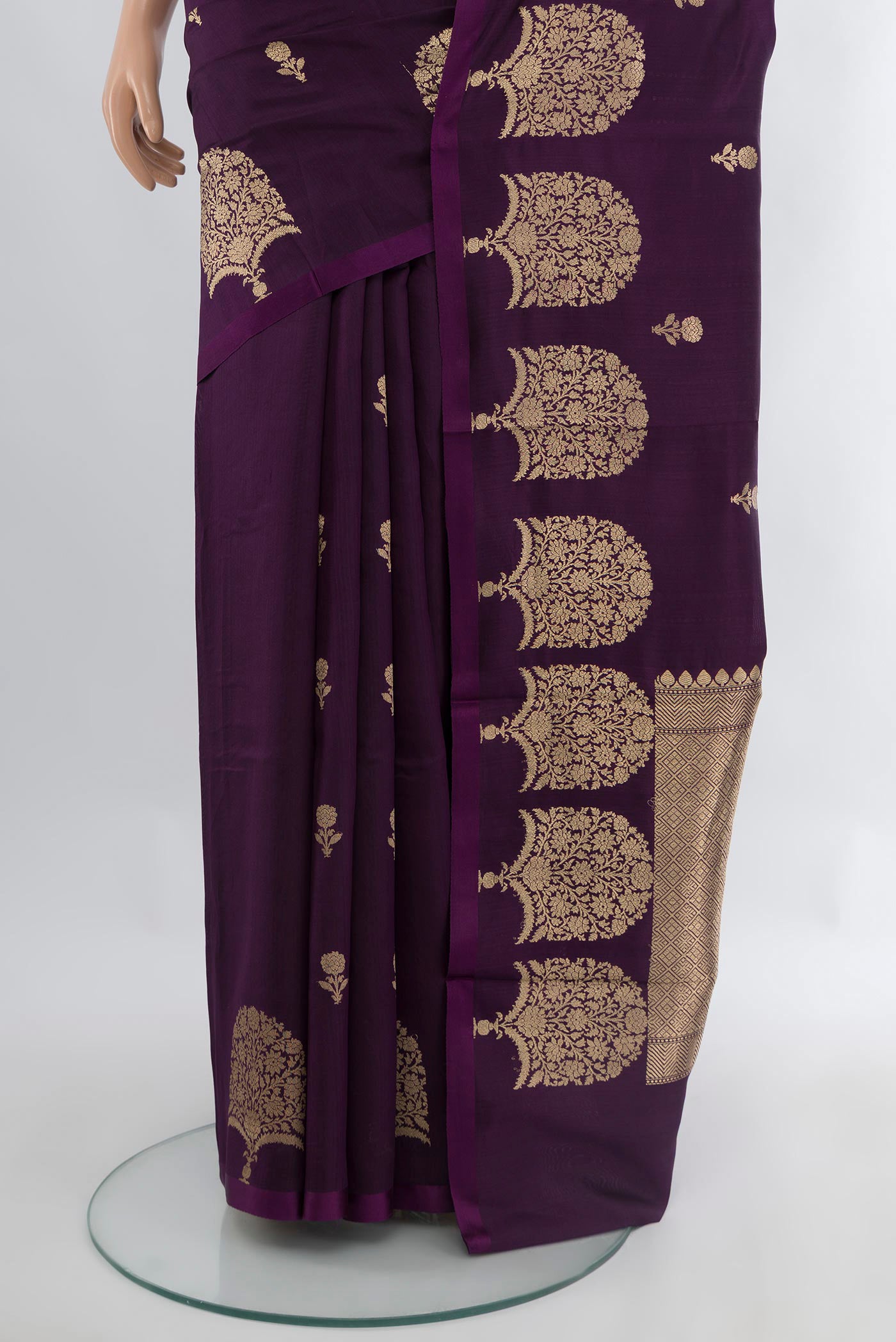Pleats and pallu of Violet Banarasi Katan Silk Saree with Zari Butta on the body and Zari Border. 