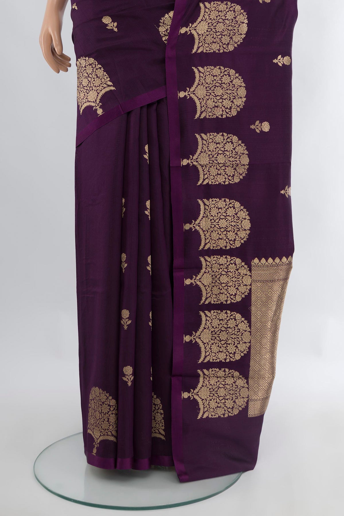 Pleats and pallu of Violet Banarasi Katan Silk Saree with Zari Butta on the body and Zari Border. 