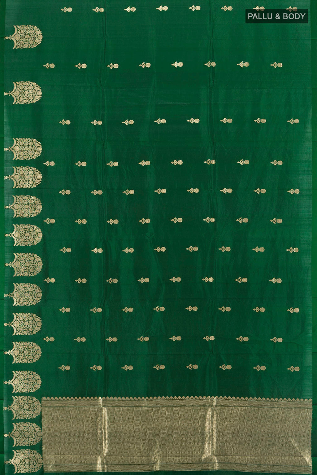 Flat view of Pure Silk Green Banarasi Katan Saree with Zari Butta on the body and Plain Border. 