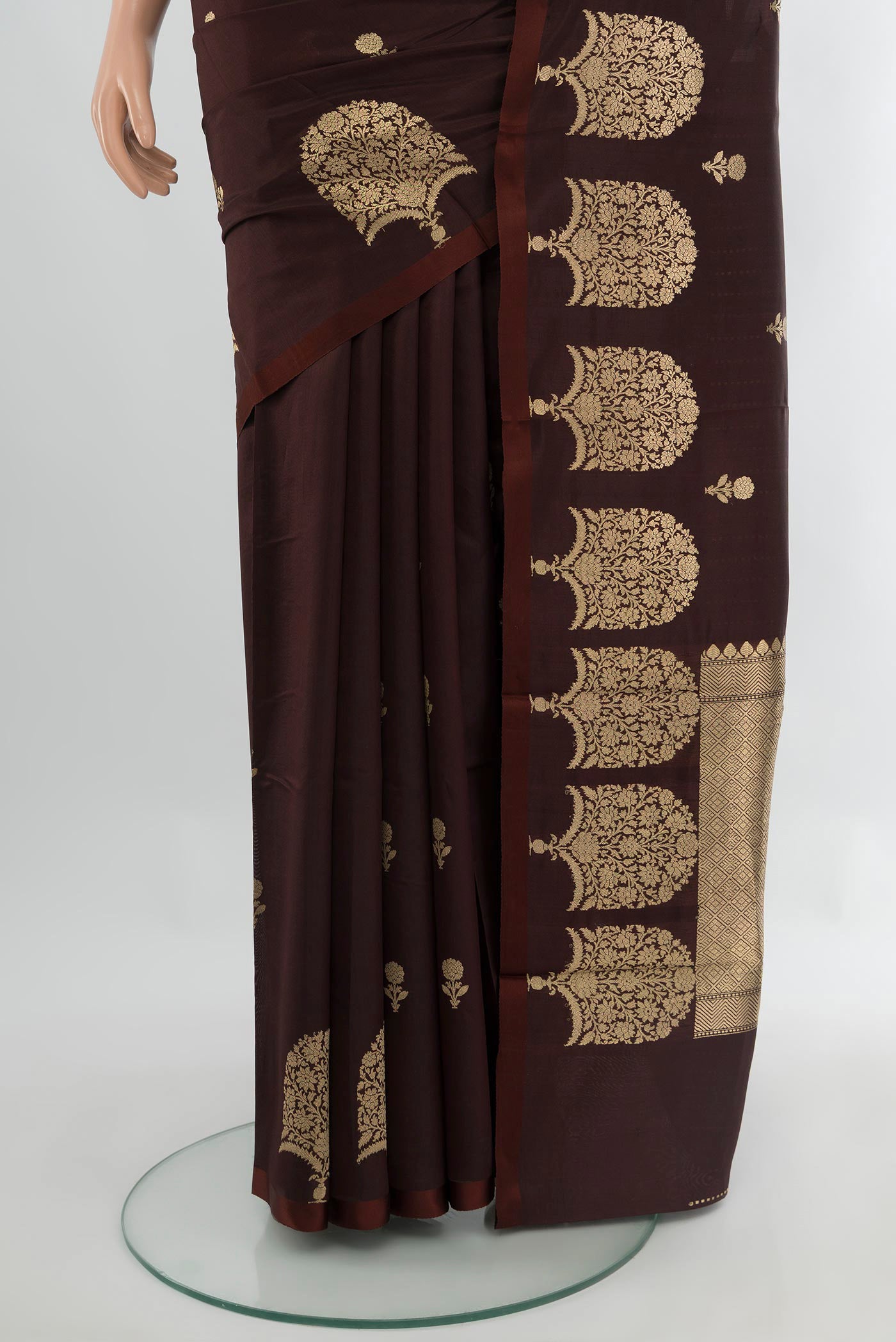 Pleats and pallu of Coffee Brown Banarasi Katan Silk Saree with Zari Butta on the body and Fancy Border. 