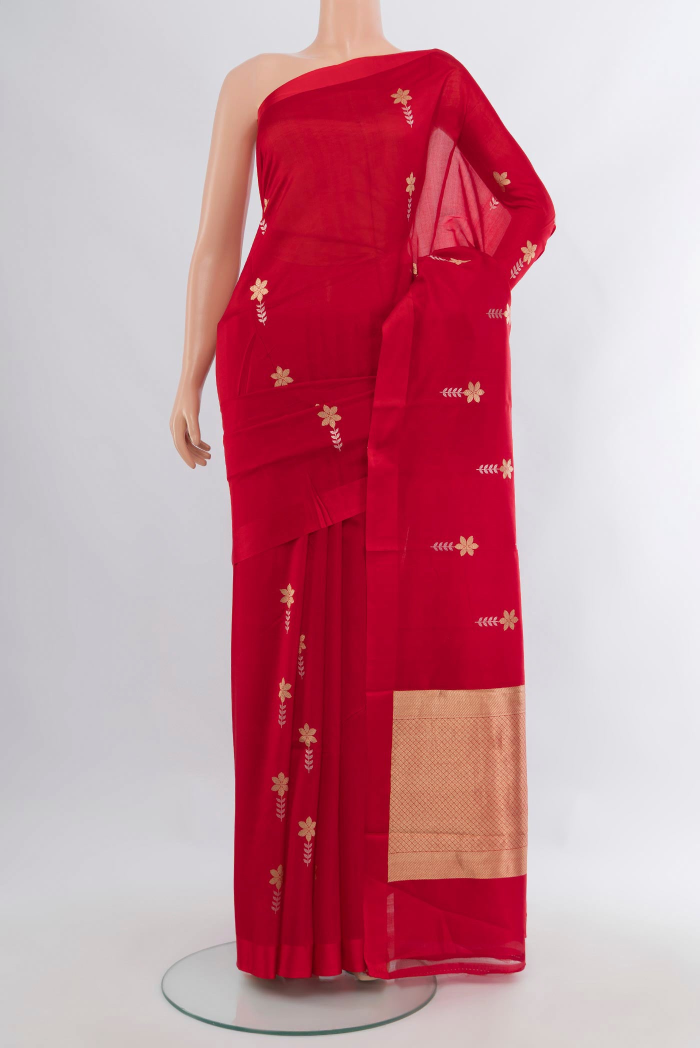 Red Banarasi Katan Silk Saree with Zari Butta on the body and Plain Border.  displayed on a mannequin