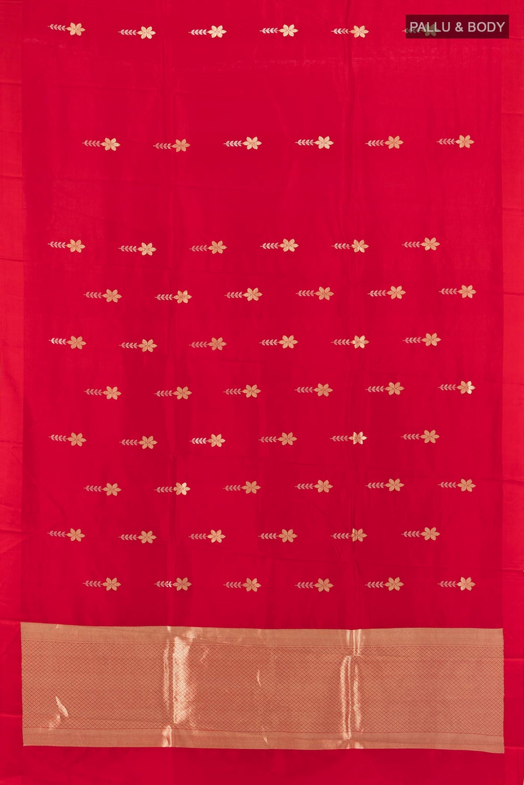 Flat view of Red Banarasi Katan Silk Saree with Zari Butta on the body and Plain Border. 