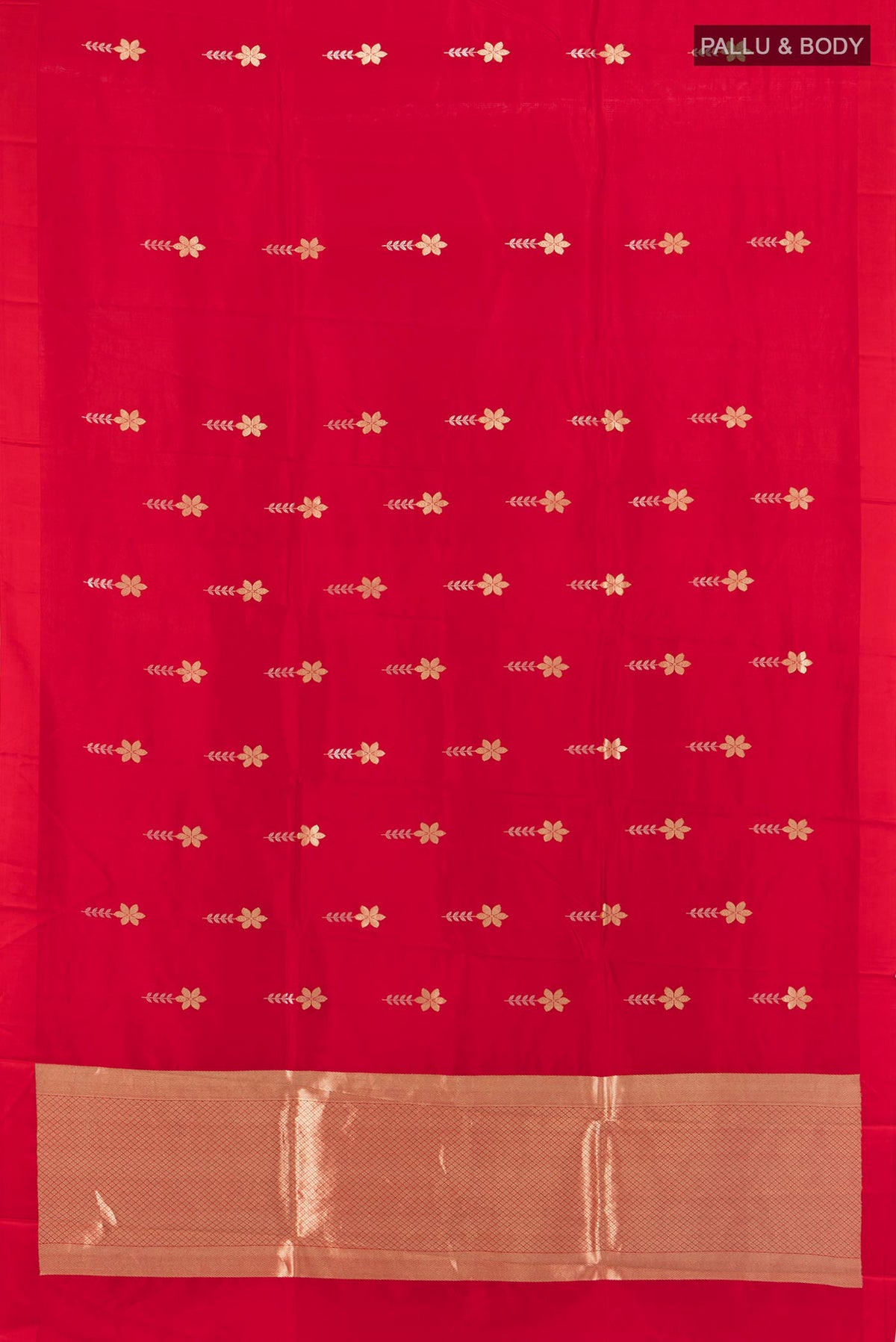 Flat view of Red Banarasi Katan Silk Saree with Zari Butta on the body and Plain Border. 