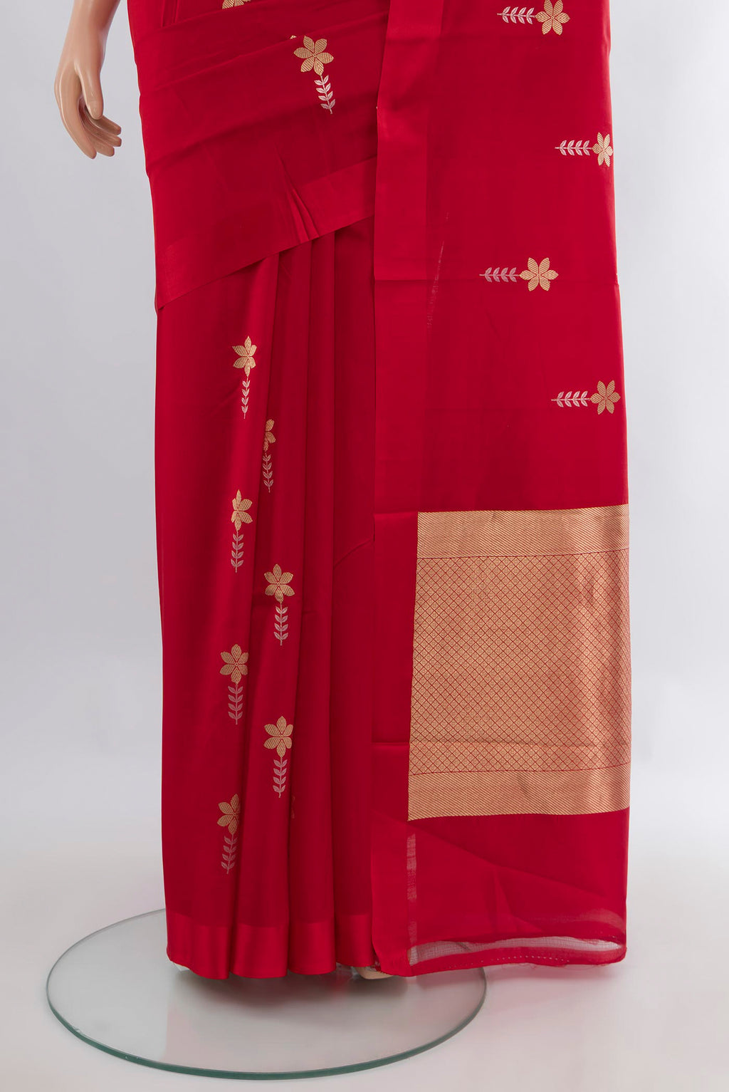 Pleats and pallu of Red Banarasi Katan Silk Saree with Zari Butta on the body and Plain Border. 