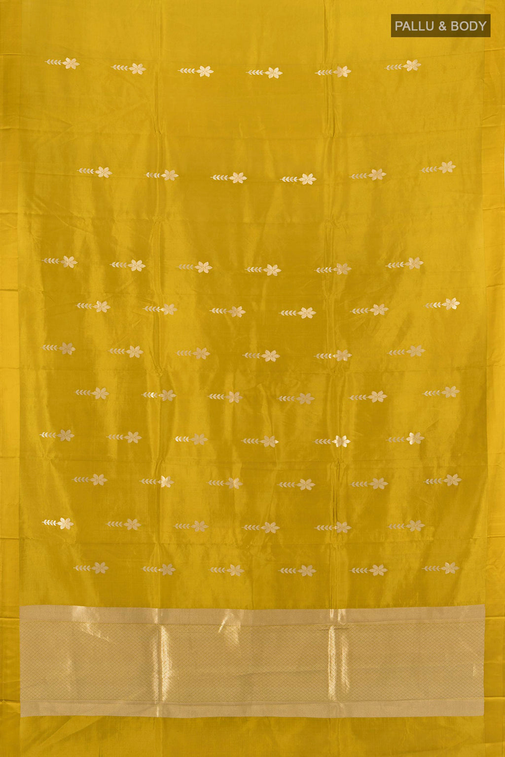 Flat view of Pure Silk Mehandi Green Banarasi Katan Saree with Zari Butta on the body and Plain Border. 