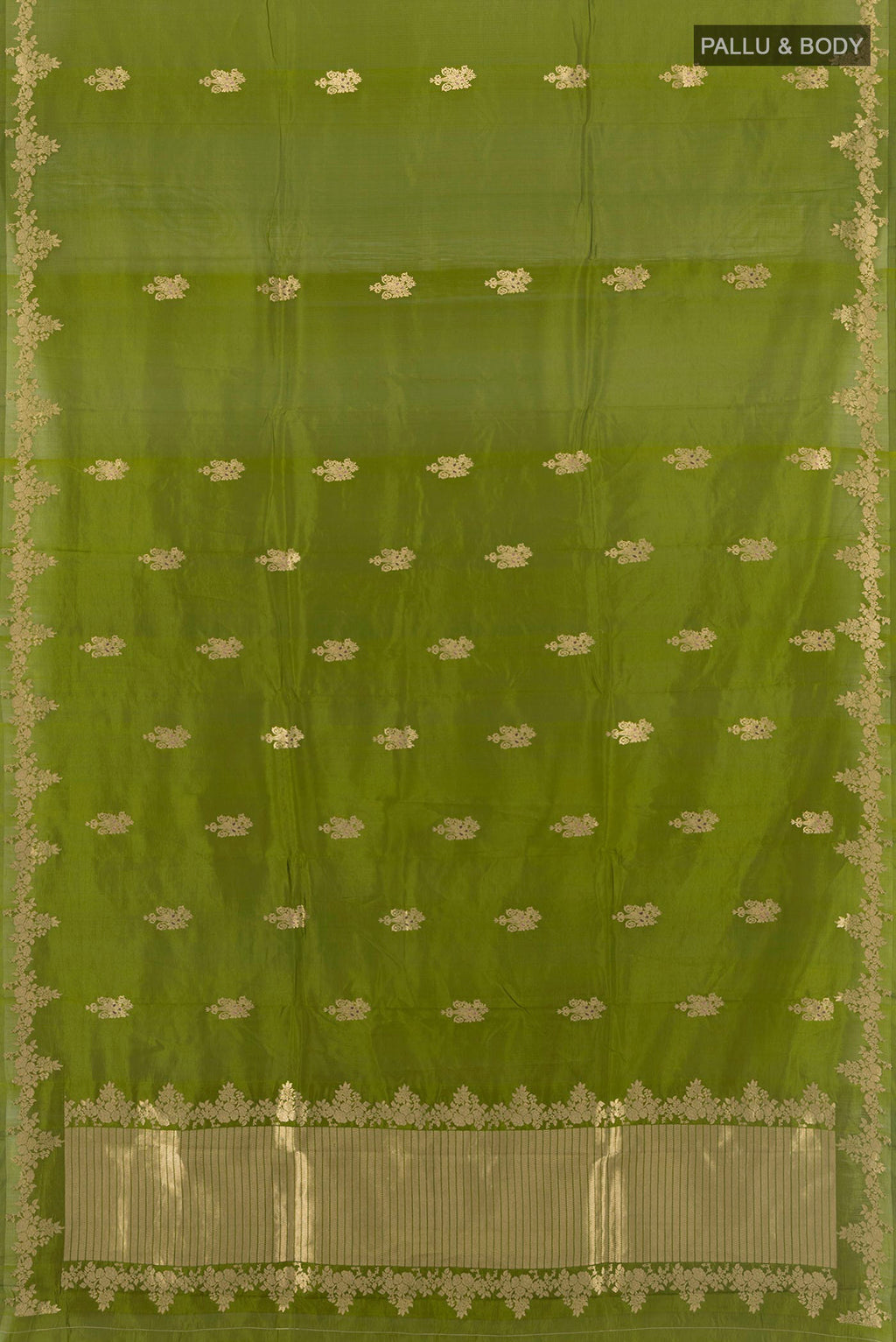 Flat view of Pure Silk Mehandi Green Banarasi Katan Saree with Zari Butta on the body and Zari Border. 