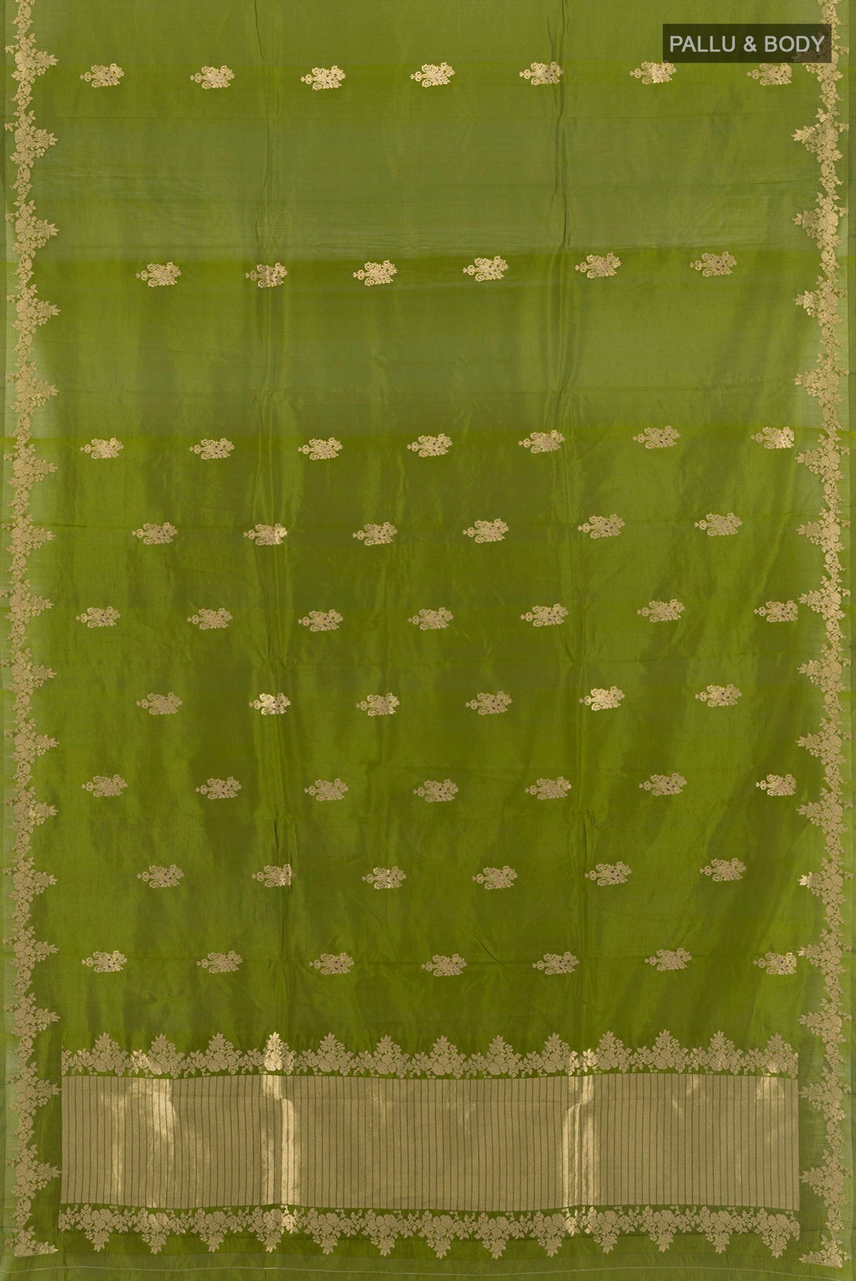 Flat view of Pure Silk Mehandi Green Banarasi Katan Saree with Zari Butta on the body and Zari Border. 