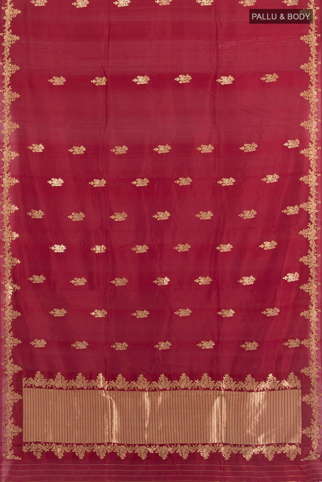Flat view of Pure Silk Red Banarasi Katan Saree with Zari Butta on the body and Zari Border. 