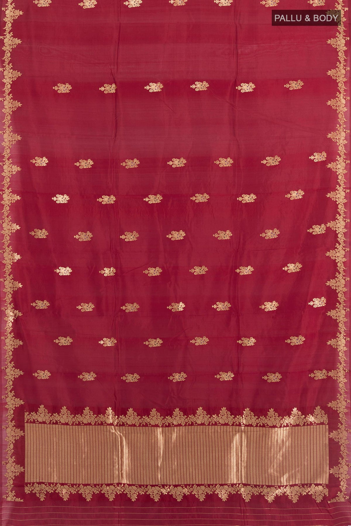 Flat view of Pure Silk Red Banarasi Katan Saree with Zari Butta on the body and Zari Border. 