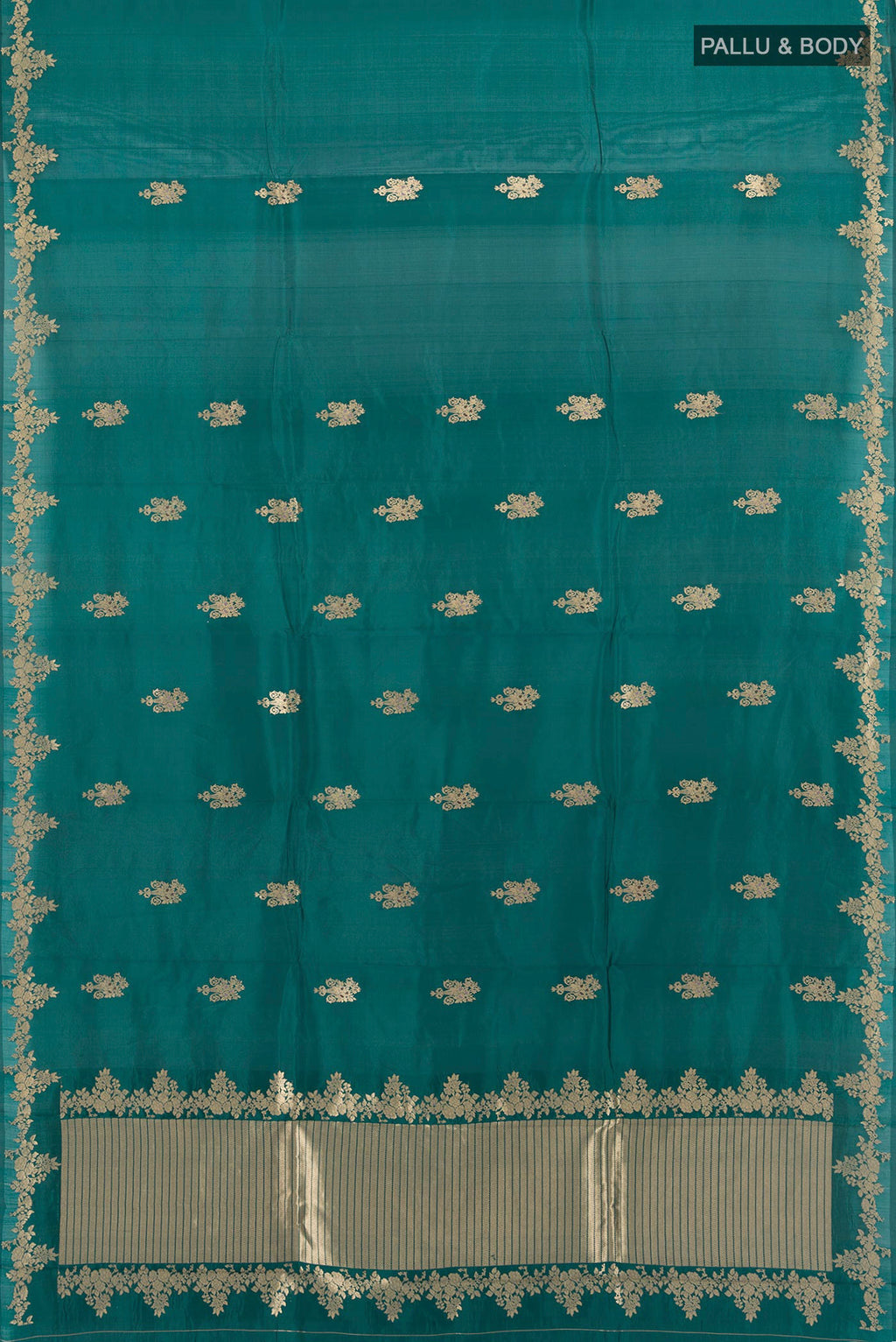 Flat view of Pure Silk Teal Banarasi Katan Saree with Zari Butta on the body and Zari Border. 