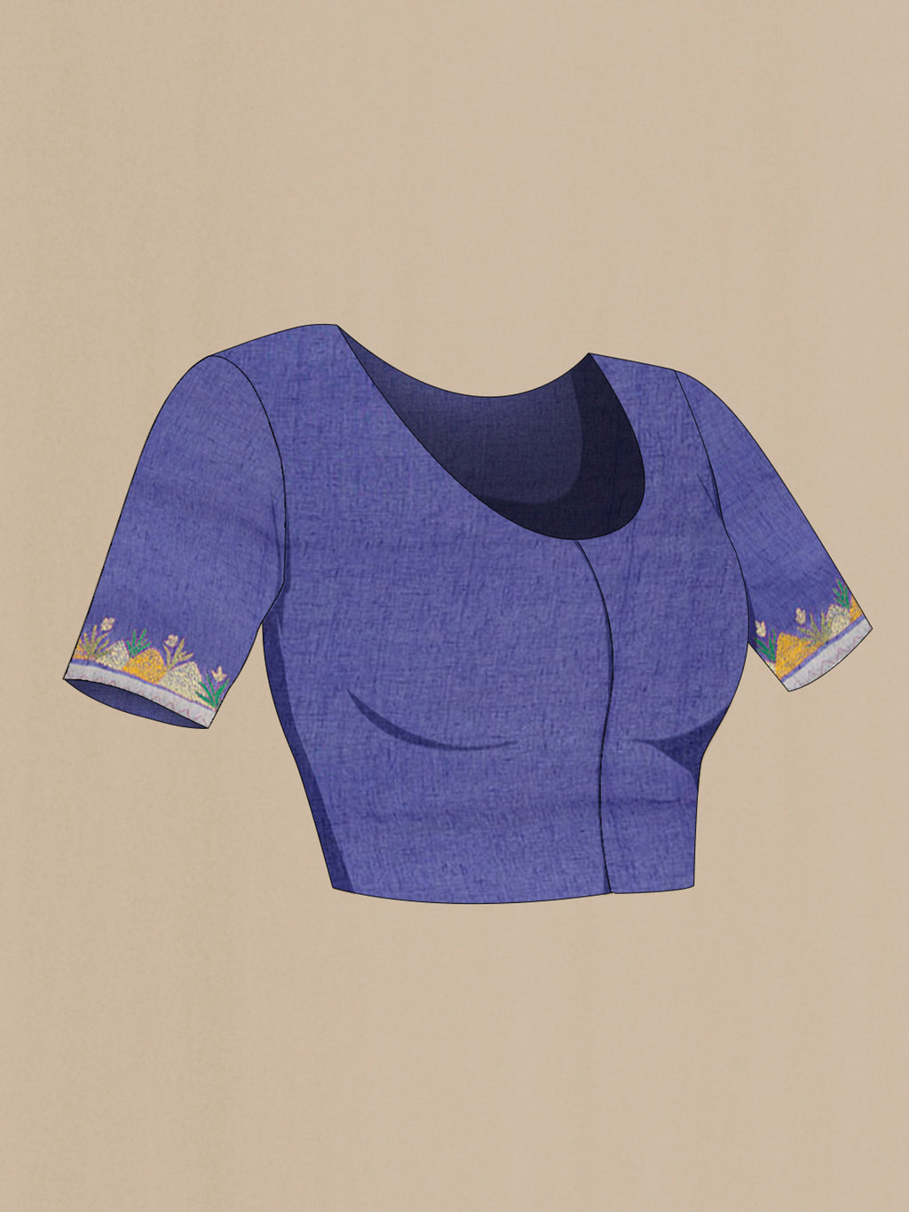 Close up image of the blouse of Royal Blue Linen Saree with Plain Body and Embroidery Border. 