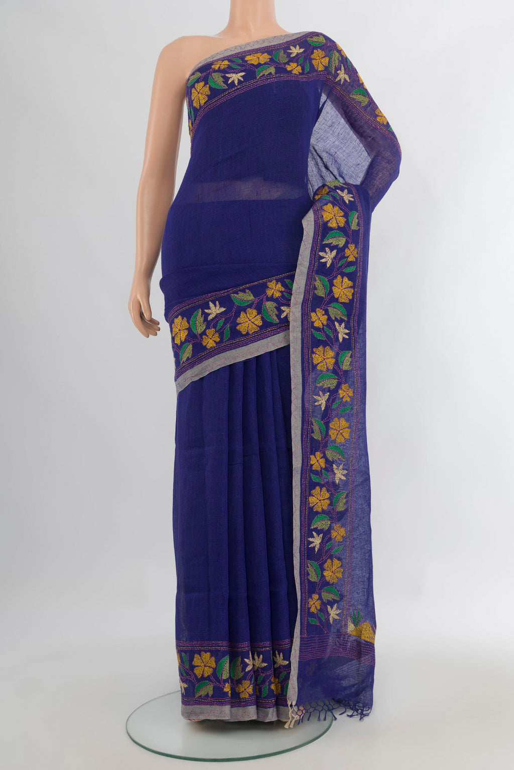 Royal Blue Linen Saree with Plain Body and Embroidery Border.  displayed on a mannequin