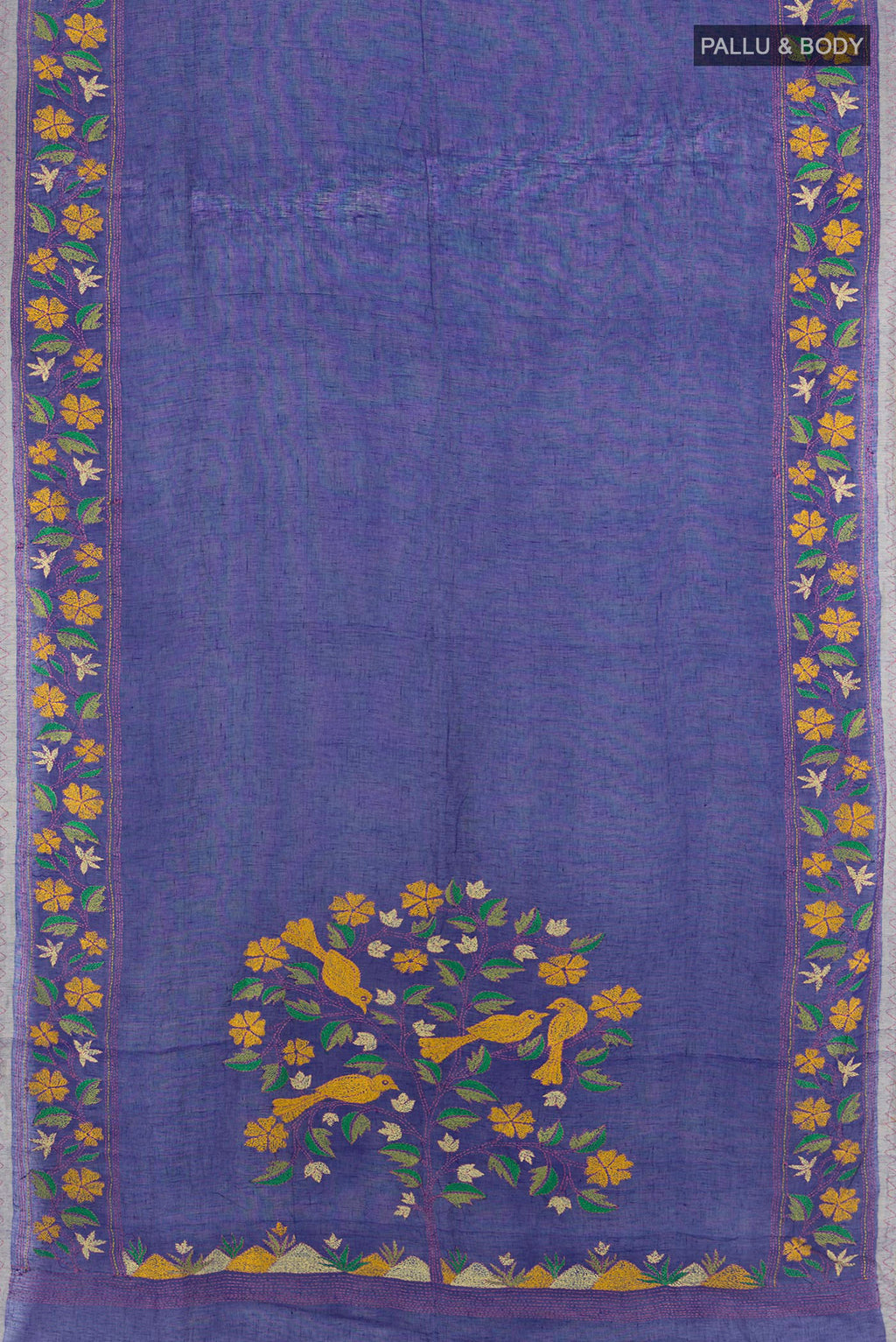 Flat view of Royal Blue Linen Saree with Plain Body and Embroidery Border. 