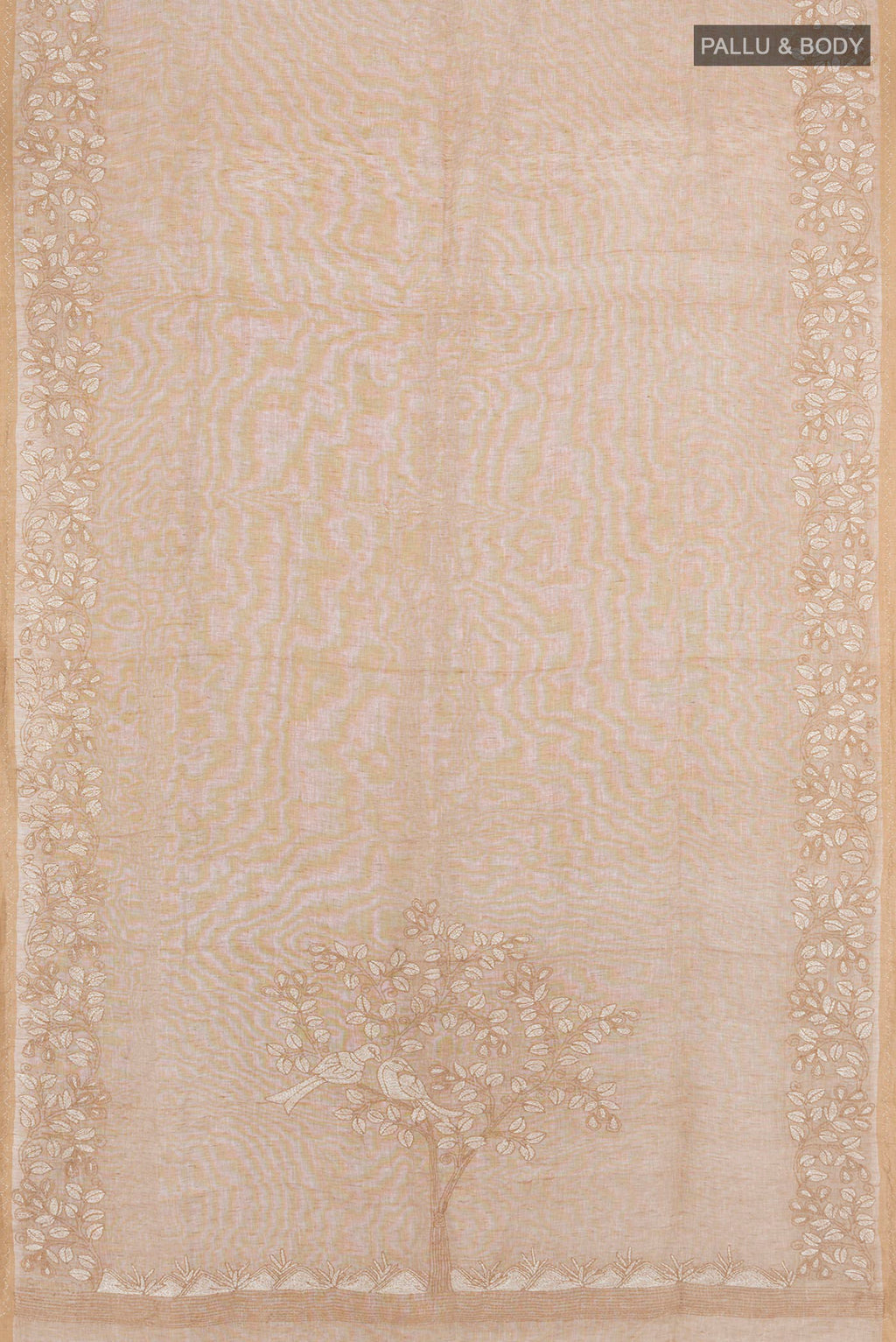 Flat view of Beige Linen Saree with Plain Body and Embroidery Border. 