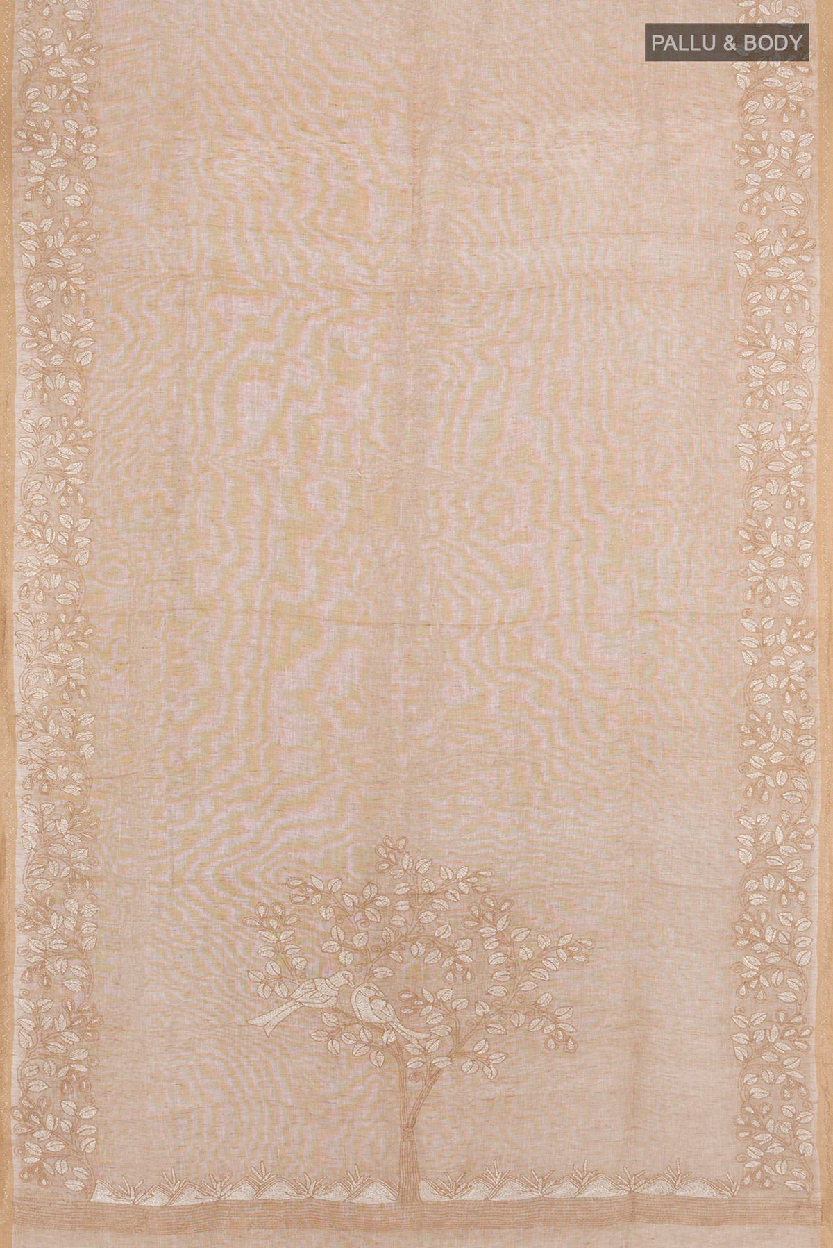 Flat view of Beige Linen Saree with Plain Body and Embroidery Border. 