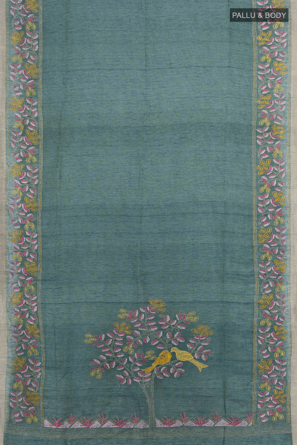 Flat view of Sea Green Linen Saree with Plain Body and Embroidery Border. 