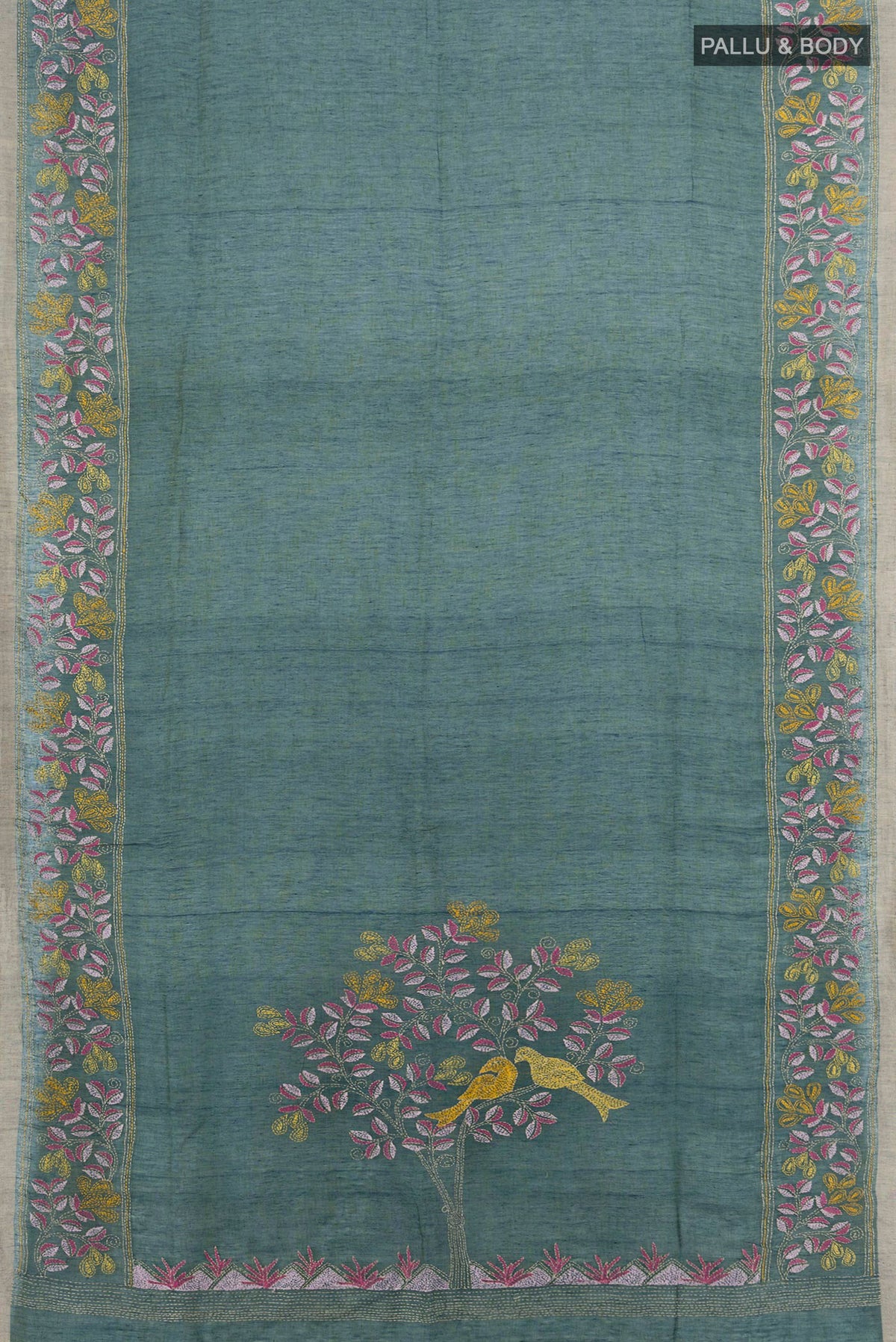 Flat view of Sea Green Linen Saree with Plain Body and Embroidery Border. 