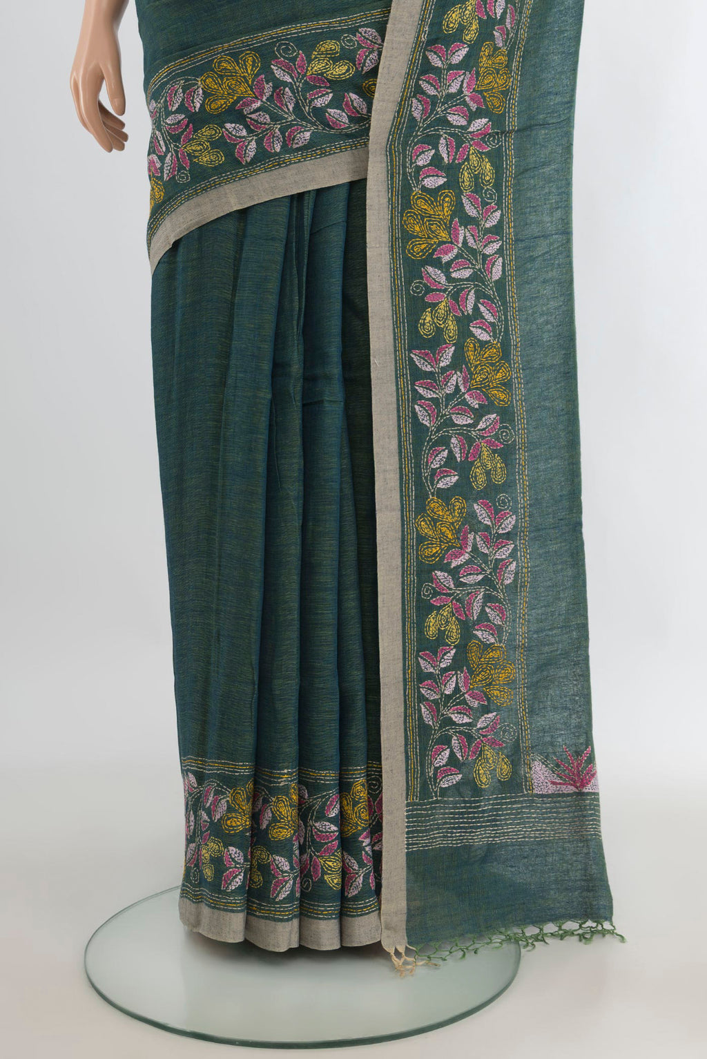 Pleats and pallu of Sea Green Linen Saree with Plain Body and Embroidery Border. 