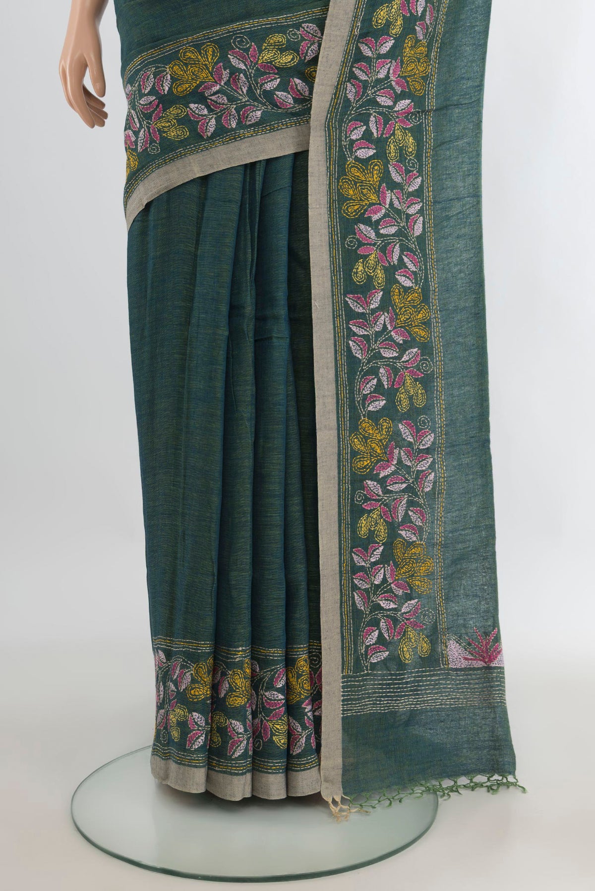 Pleats and pallu of Sea Green Linen Saree with Plain Body and Embroidery Border. 