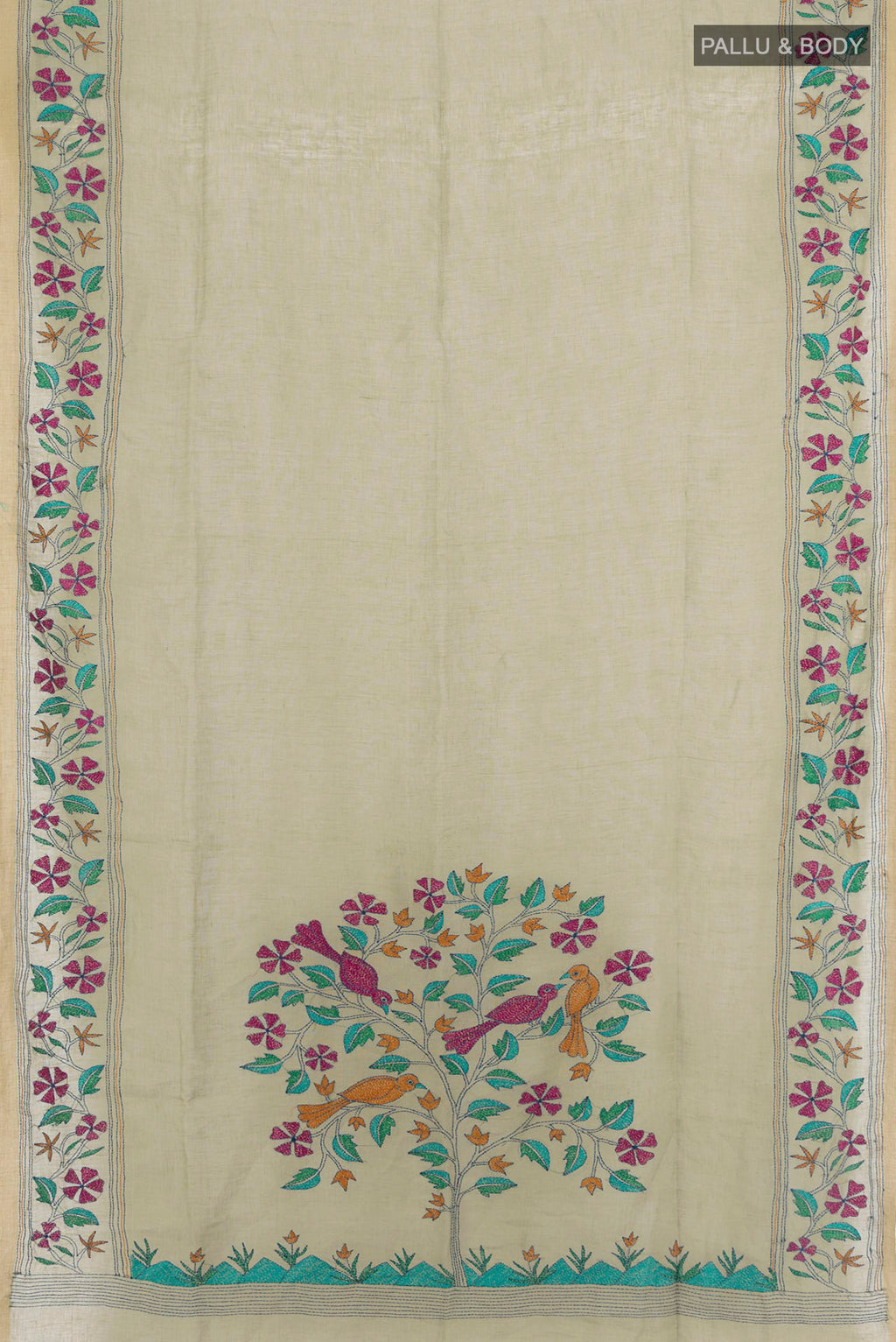 Flat view of Olive Green Linen Saree with Plain Body and Embroidery Border. 