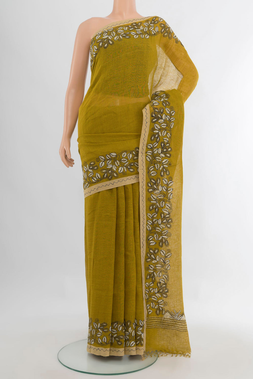Pure Silk Mehandi Green Linen Saree with Plain Body and Embroidery Border.  displayed on a mannequin