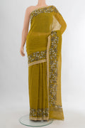 Pure Silk Mehandi Green Linen Saree with Plain Body and Embroidery Border.  displayed on a mannequin