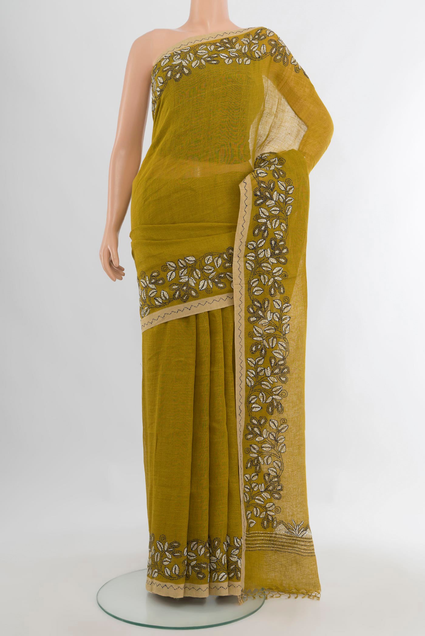Pure Silk Mehandi Green Linen Saree with Plain Body and Embroidery Border.  displayed on a mannequin