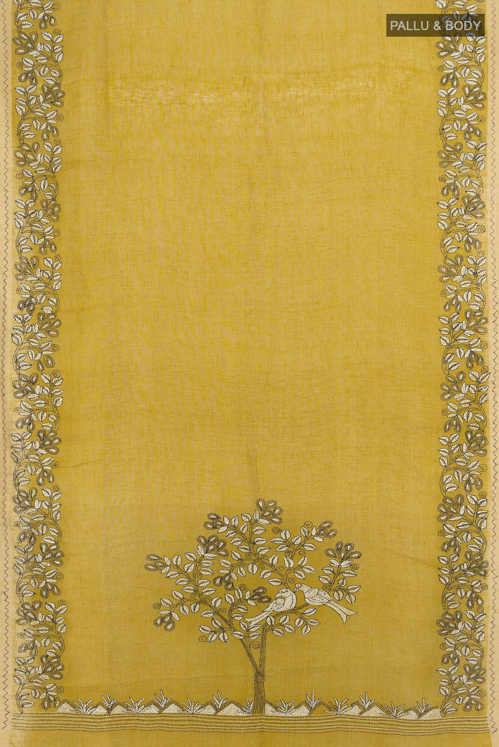 Flat view of Pure Silk Mehandi Green Linen Saree with Plain Body and Embroidery Border. 