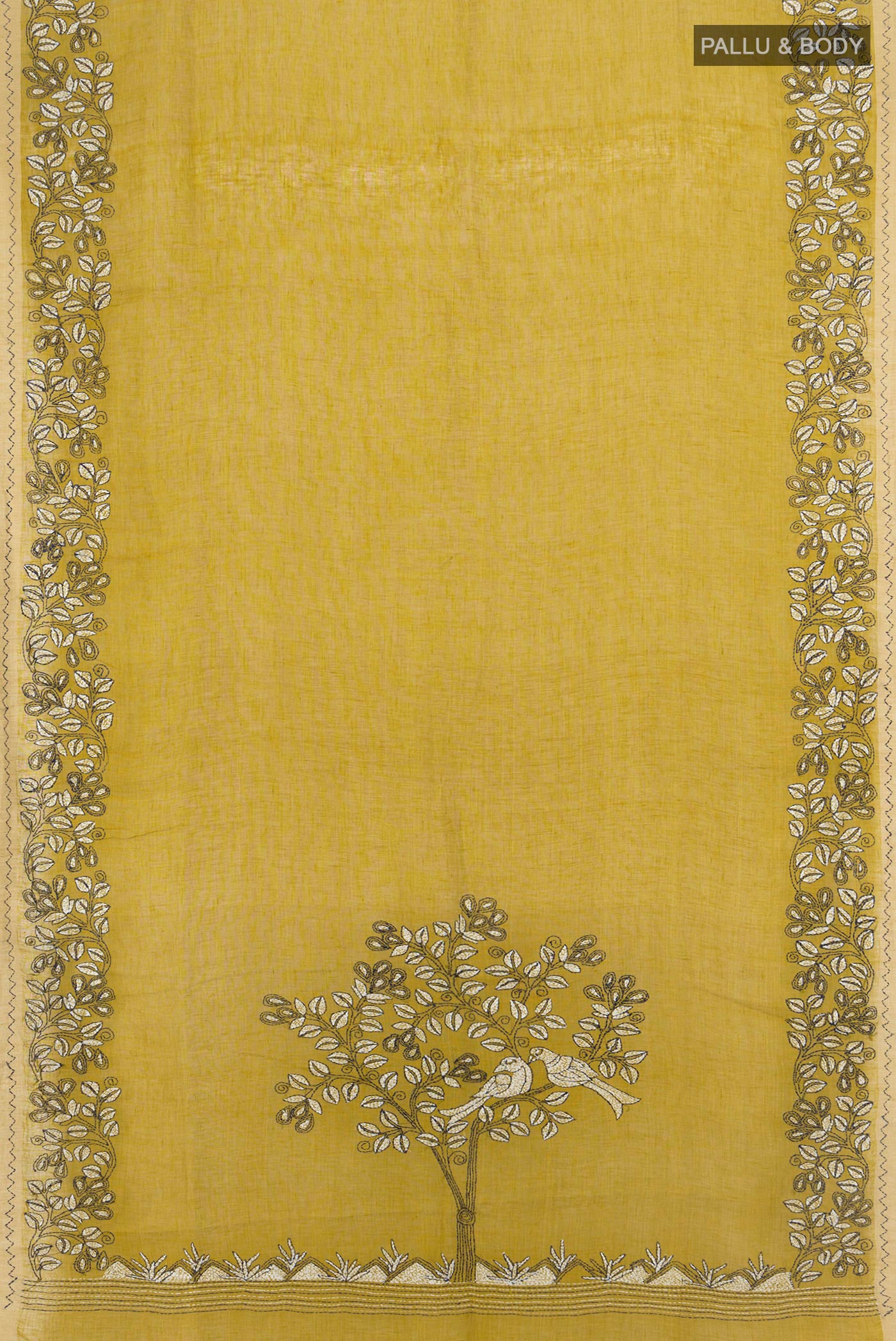 Flat view of Pure Silk Mehandi Green Linen Saree with Plain Body and Embroidery Border. 