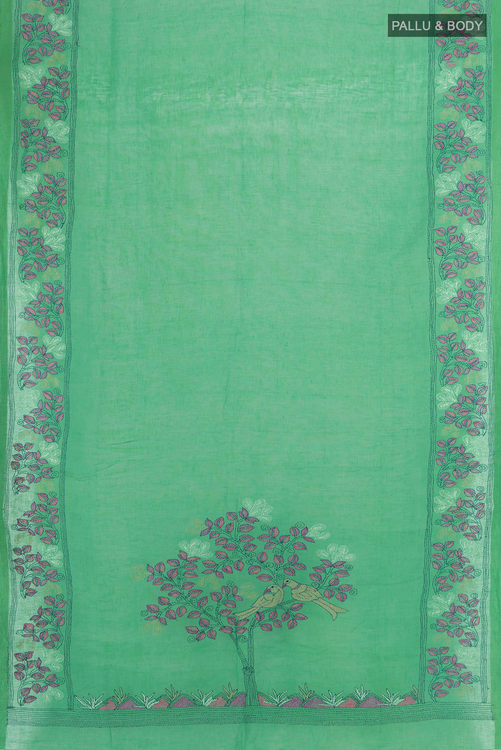Flat view of Pure Silk Sea Green Linen Saree with Plain Body and Embroidery Border. 