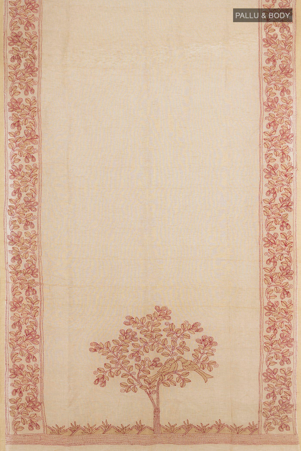 Flat view of Beige Linen Saree with Plain Body and Embroidery Border. 