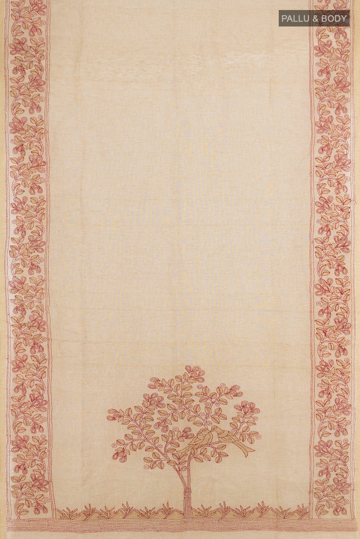 Flat view of Beige Linen Saree with Plain Body and Embroidery Border. 