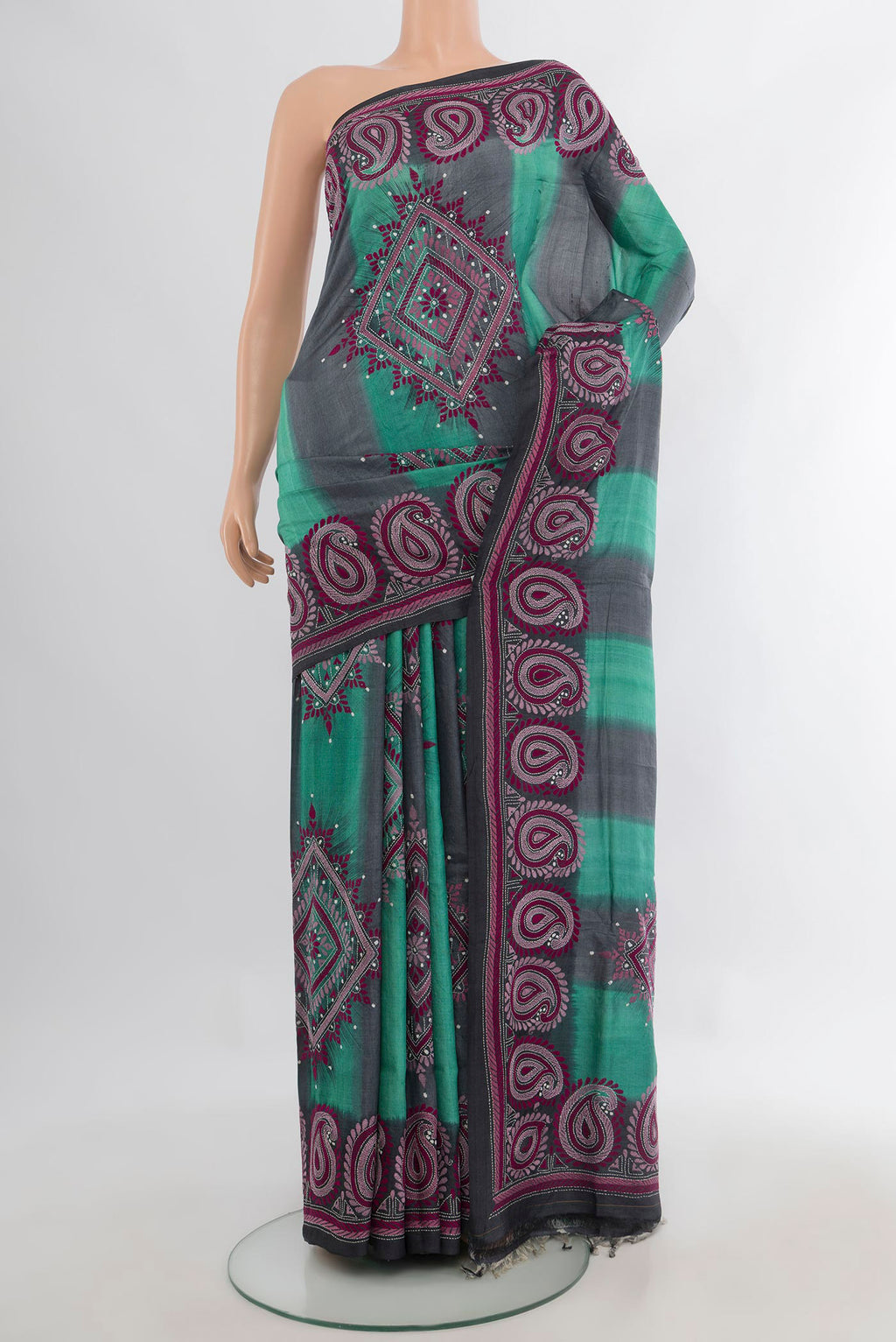 Multi Color Tussar Saree with Kantha Work on the body and Silk Border.  displayed on a mannequin