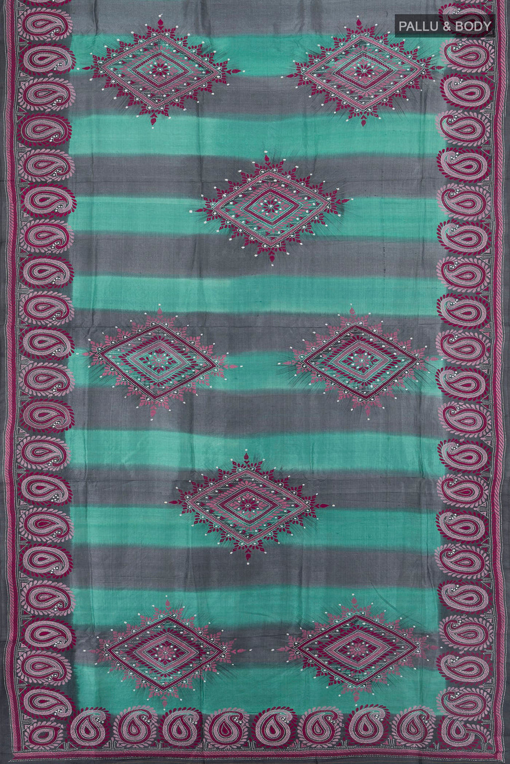Flat view of Multi Color Tussar Saree with Kantha Work on the body and Silk Border. 