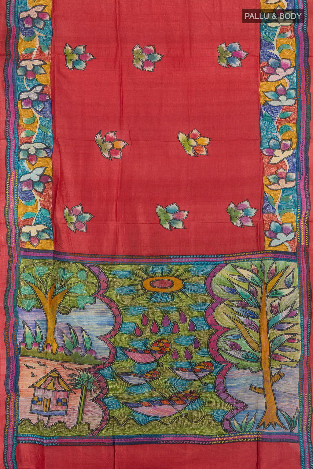 Flat view of Red Tussar Saree with Embroidery on the body and Embroidery Border. 