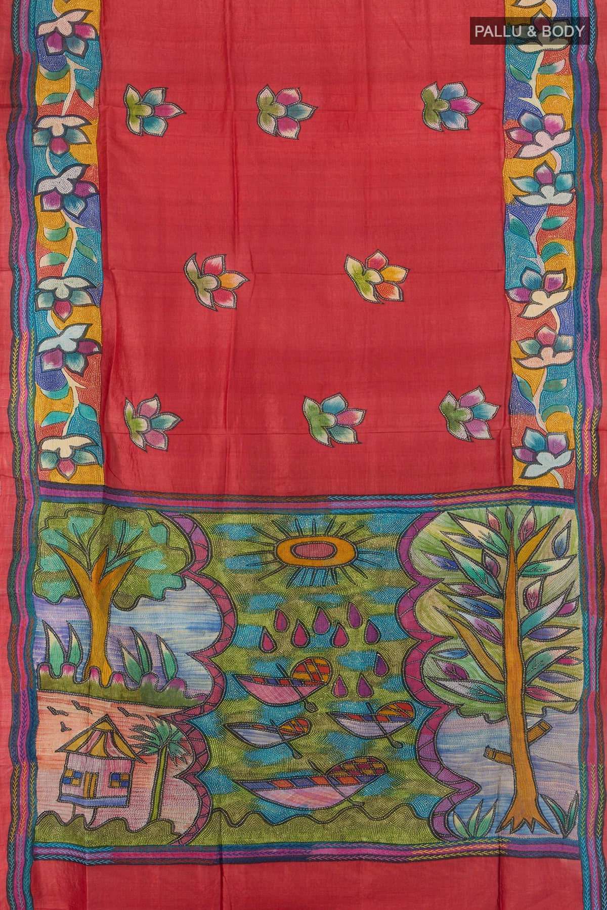 Flat view of Red Tussar Saree with Embroidery on the body and Embroidery Border. 