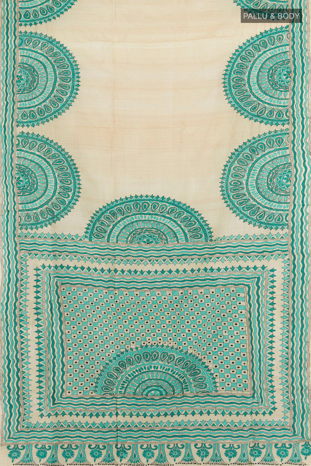 Flat view of Beige Tussar Saree with Plain Body and Embroidery Border. 