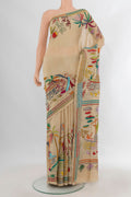Sandal Tussar Saree with Embroidery on the body and Embroidery Border.  displayed on a mannequin