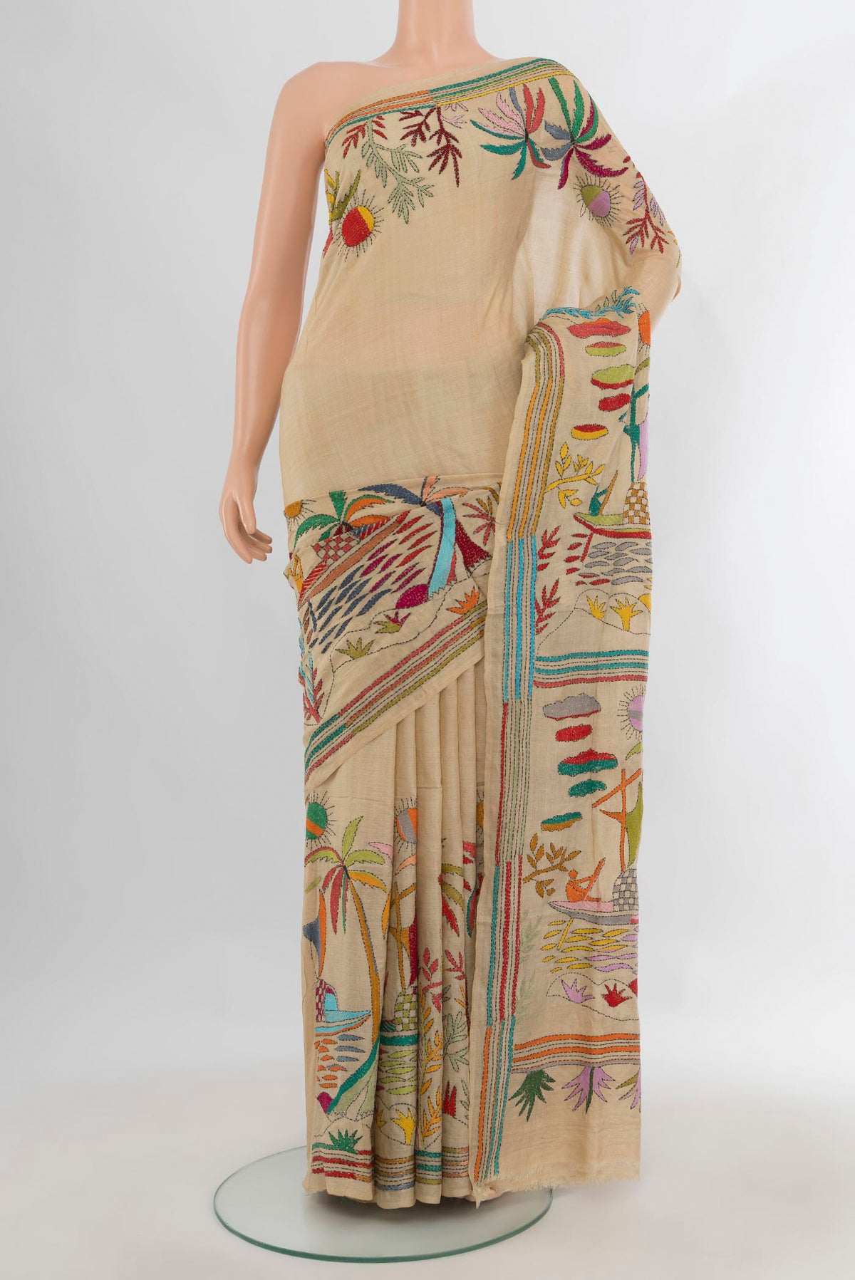 Sandal Tussar Saree with Embroidery on the body and Embroidery Border.  displayed on a mannequin