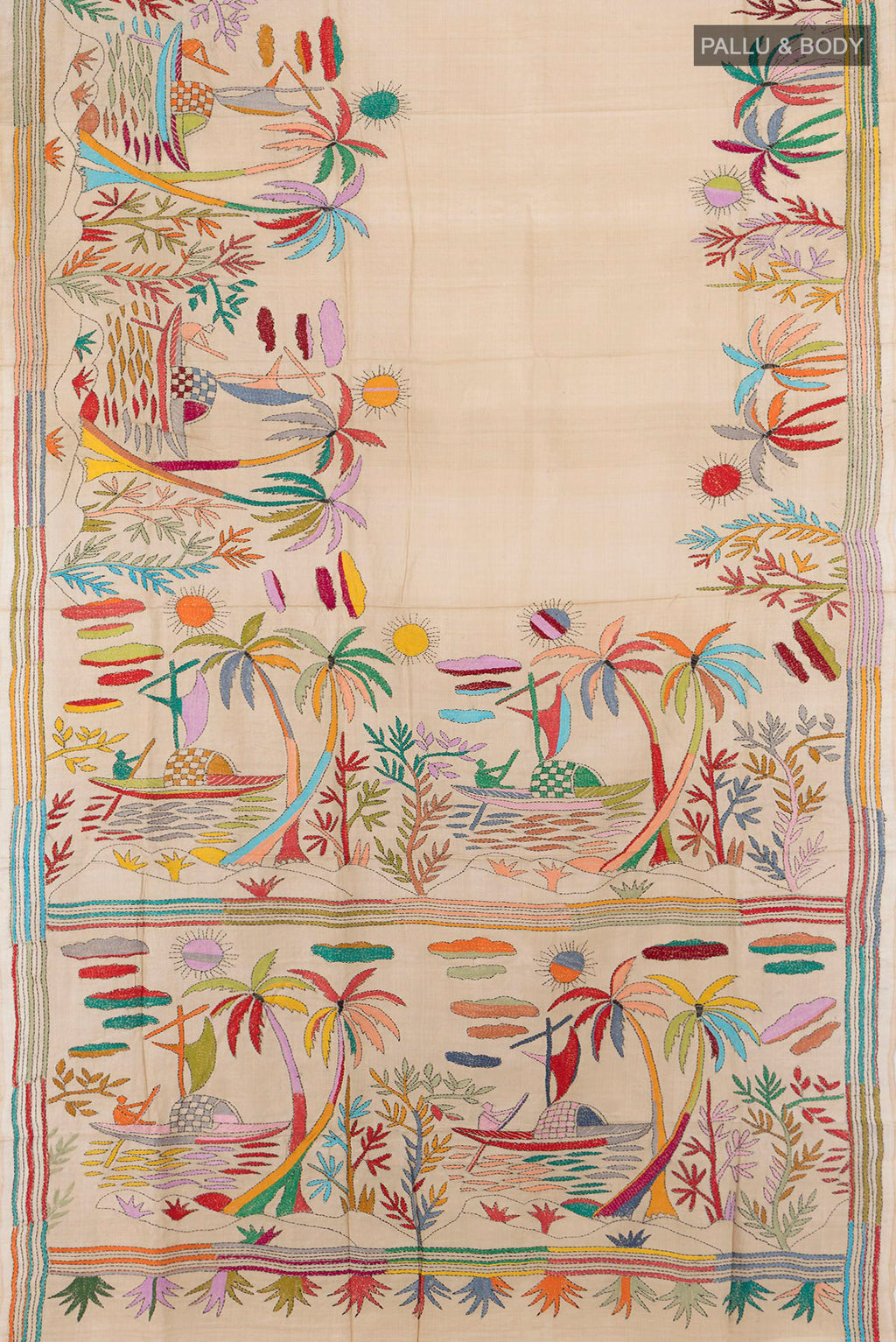 Flat view of Sandal Tussar Saree with Embroidery on the body and Embroidery Border. 