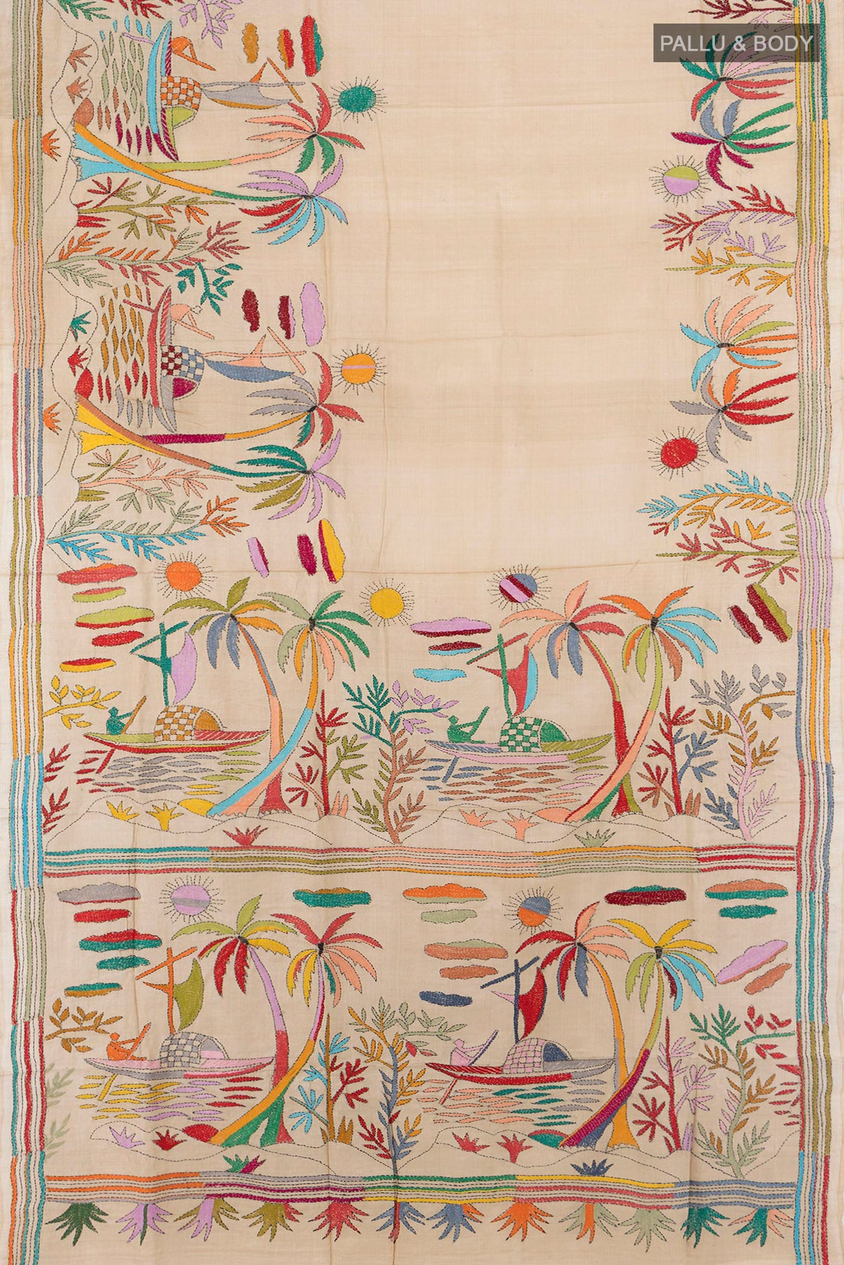 Flat view of Sandal Tussar Saree with Embroidery on the body and Embroidery Border. 