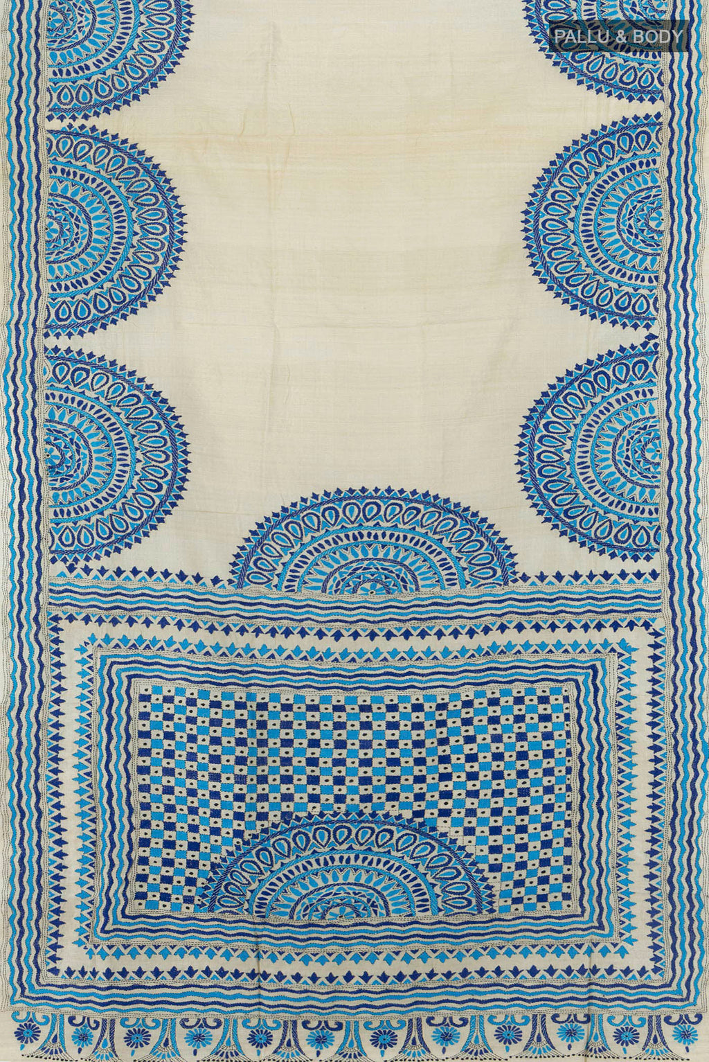 Flat view of Cream Tussar Saree with Plain Body and Embroidery Border. 