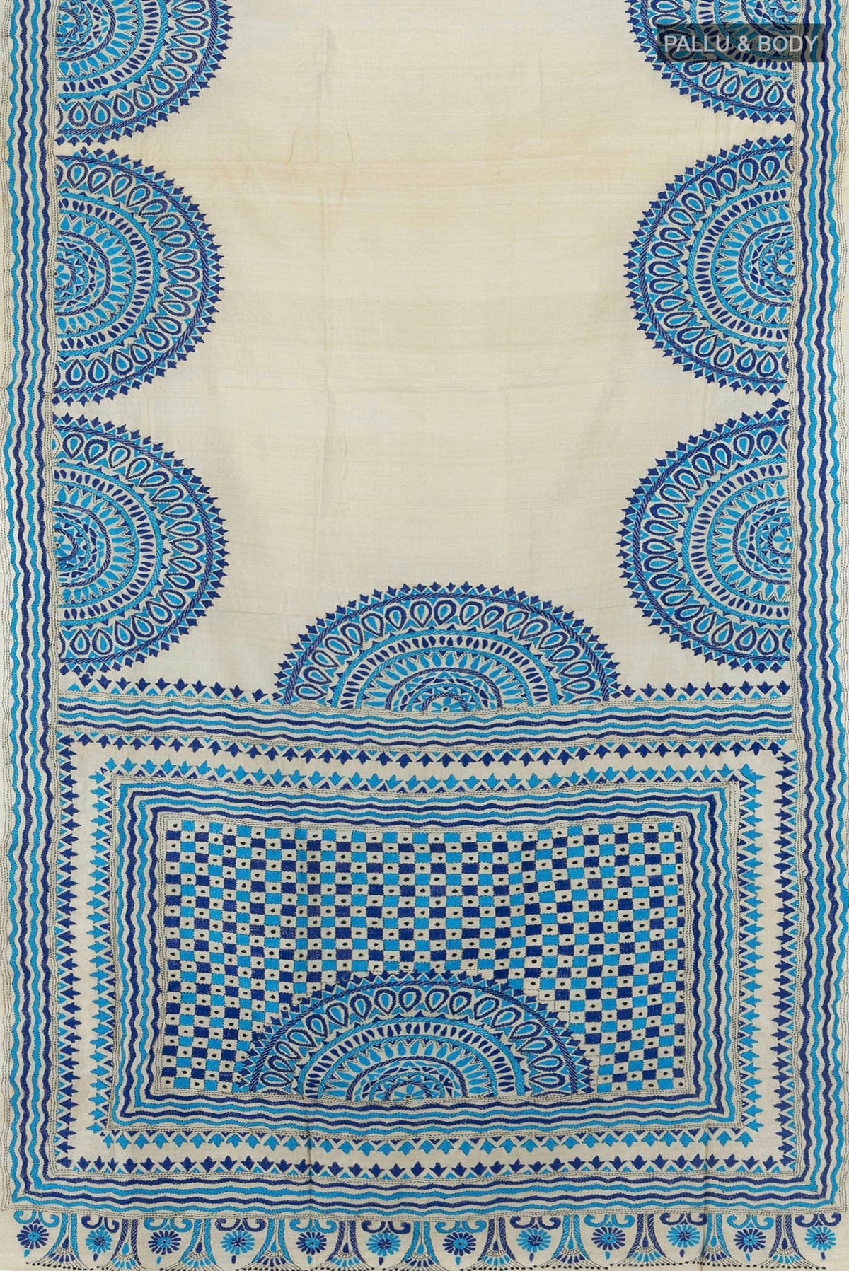 Flat view of Cream Tussar Saree with Plain Body and Embroidery Border. 